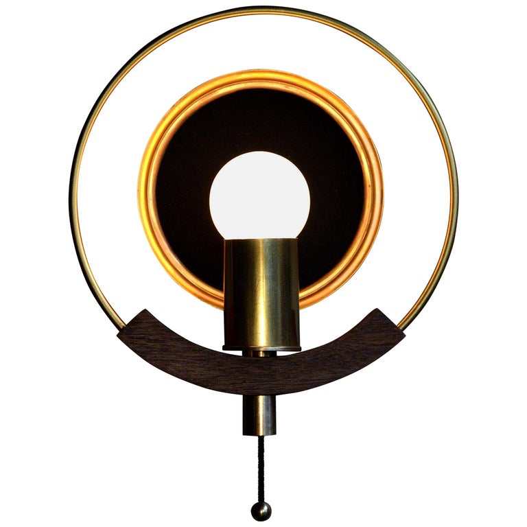 / ART DONOVAN / "Marie Claire" Circular, Brass, Wood, Wall Lamp 1