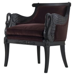 MARIE Classic Brown Hand Carved Armchair in Solid Wood with Swans Decorations