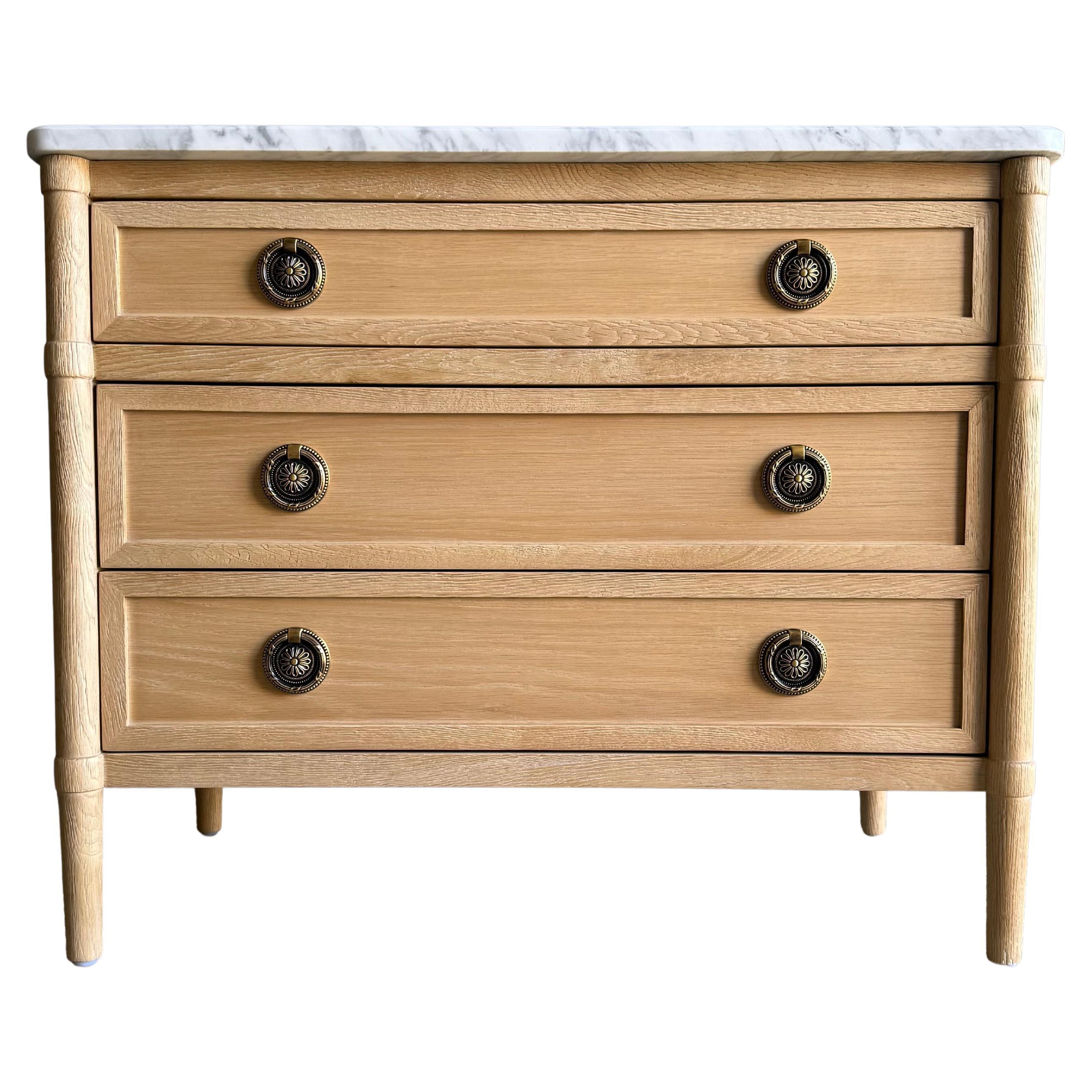 Marie Classic White Oak 3 Drawer Night Stand White Marble Top Natural Finish
