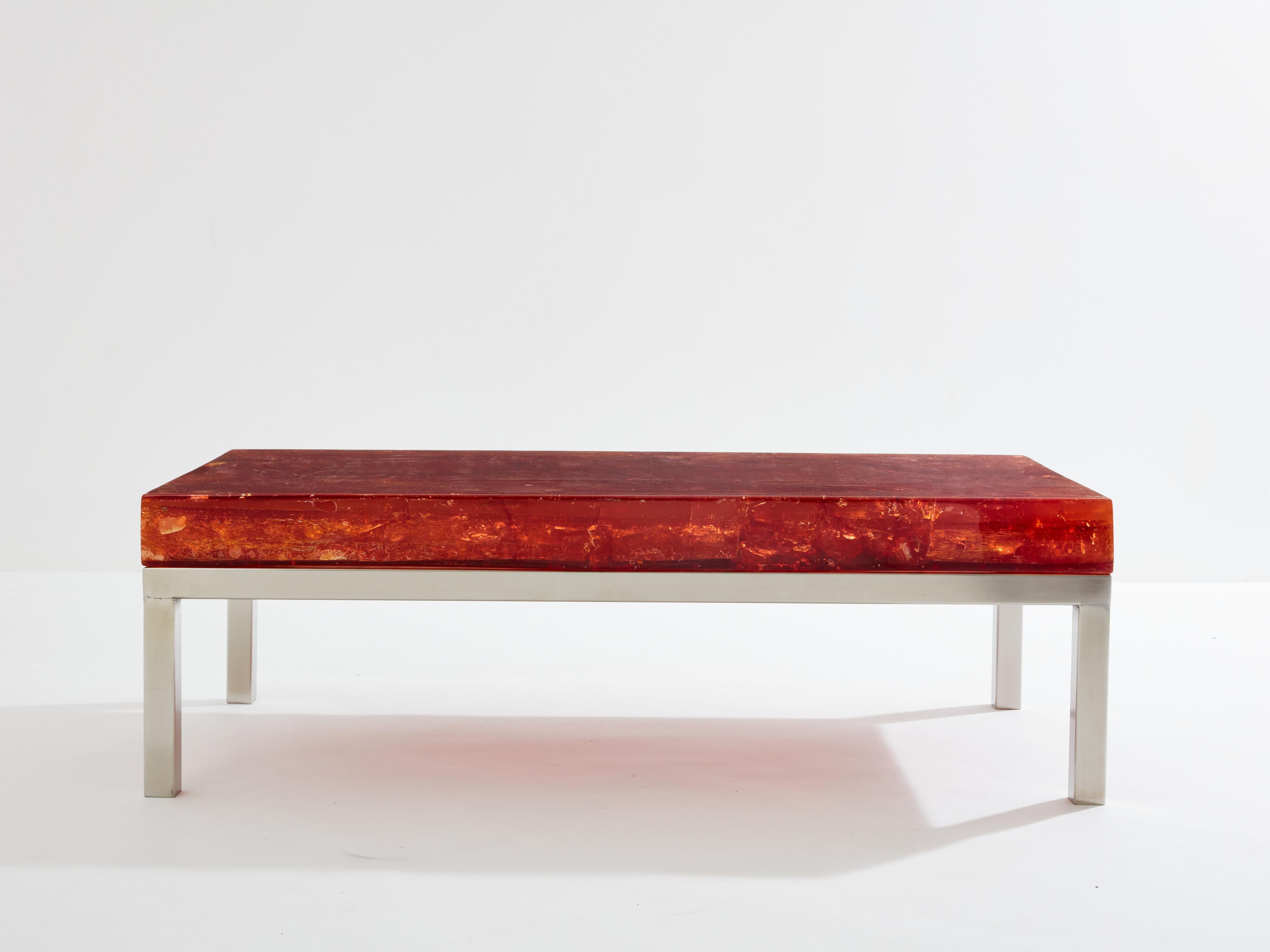Marie-Claude De Fouquières table basse en résine fractale orange 1970 en vente 3