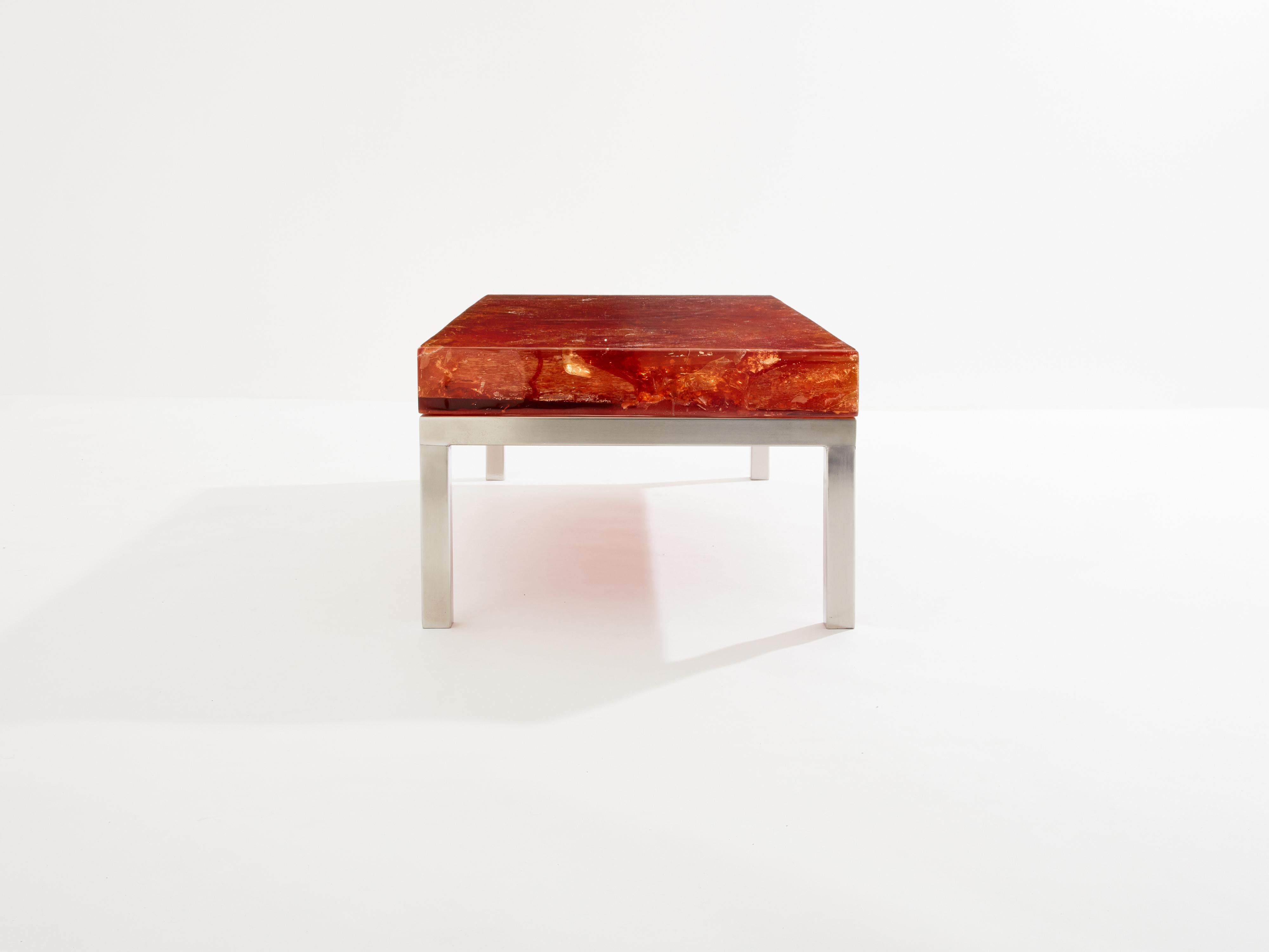 Marie-Claude De Fouquières table basse en résine fractale orange 1970 en vente 4