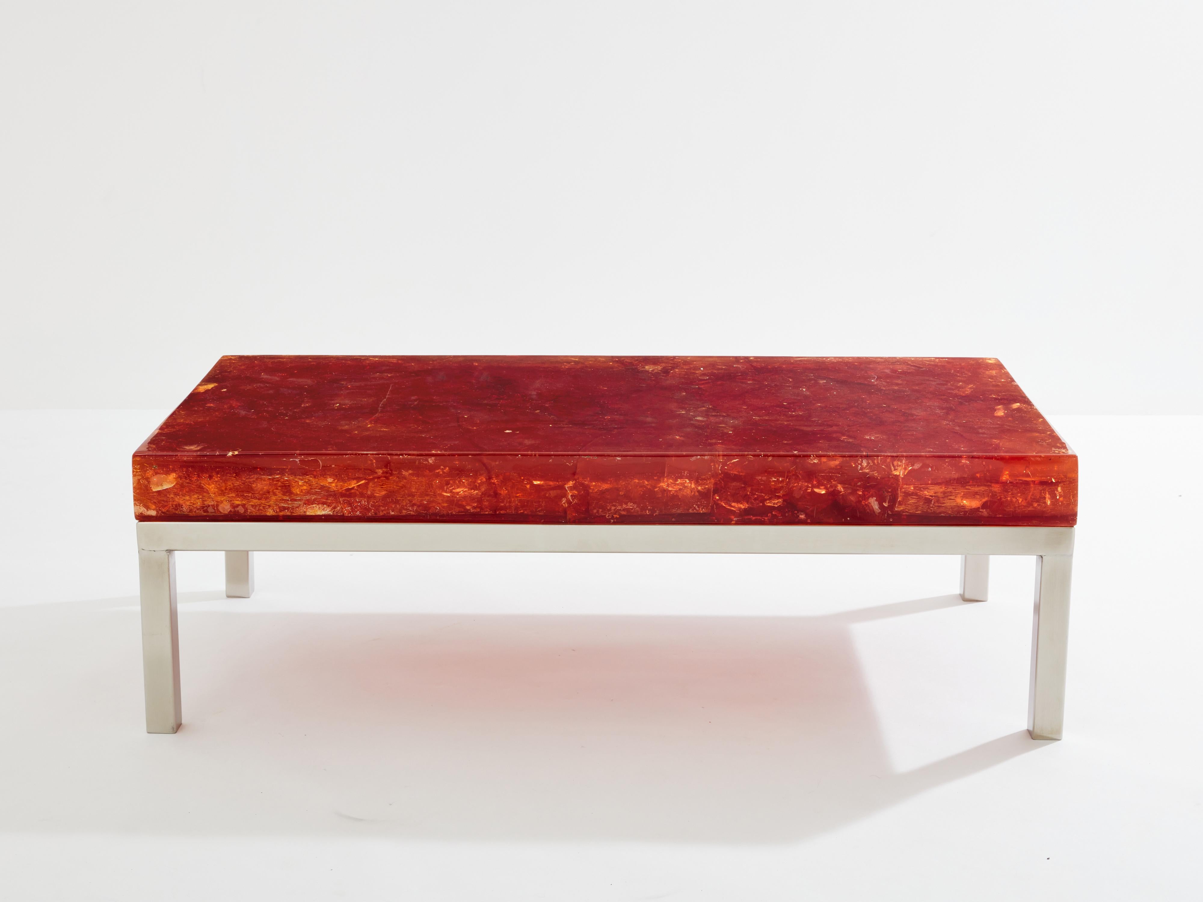 Mid-Century Modern Marie-Claude De Fouquières table basse en résine fractale orange 1970 en vente