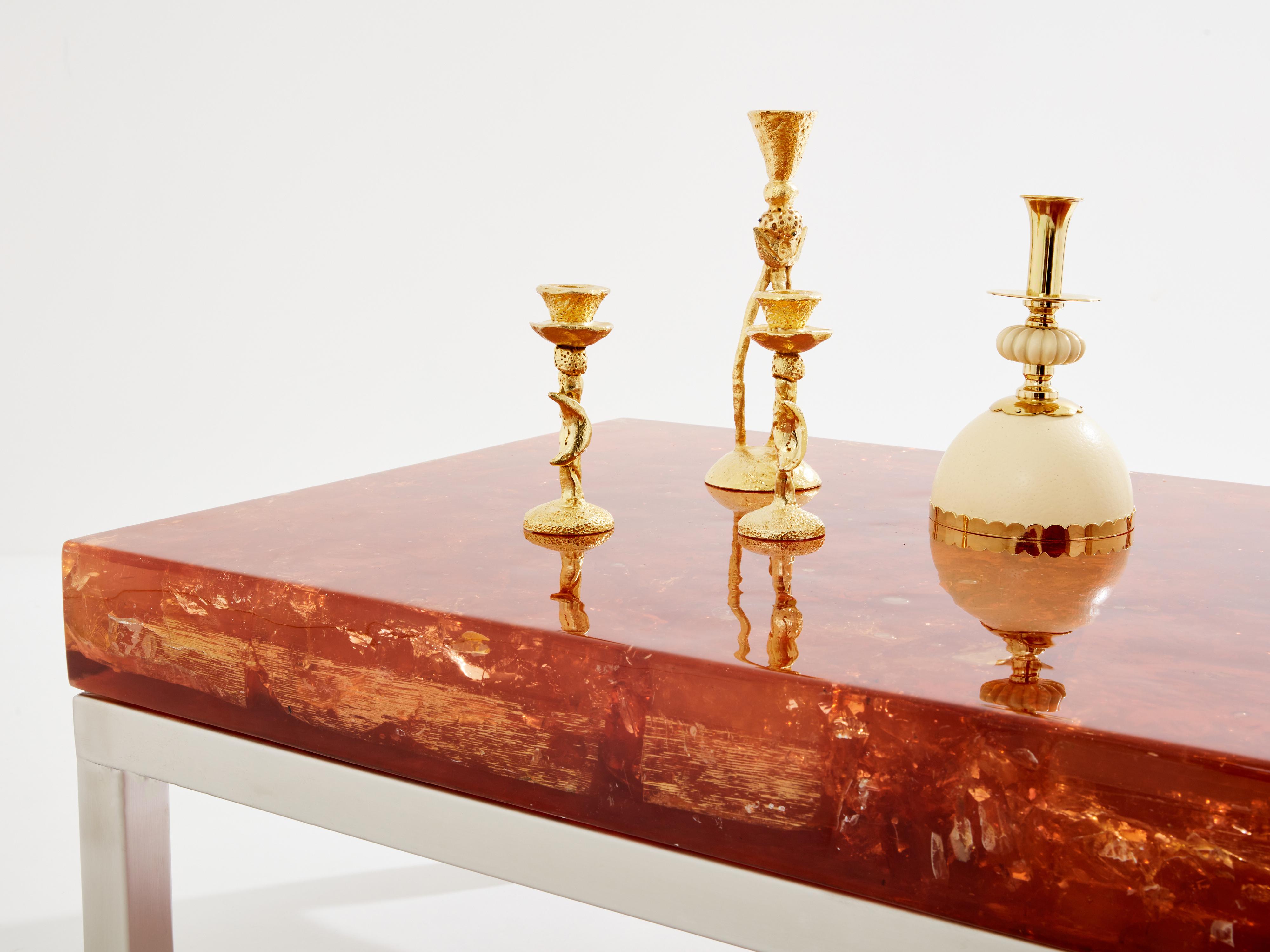 Français Marie-Claude De Fouquières table basse en résine fractale orange 1970 en vente
