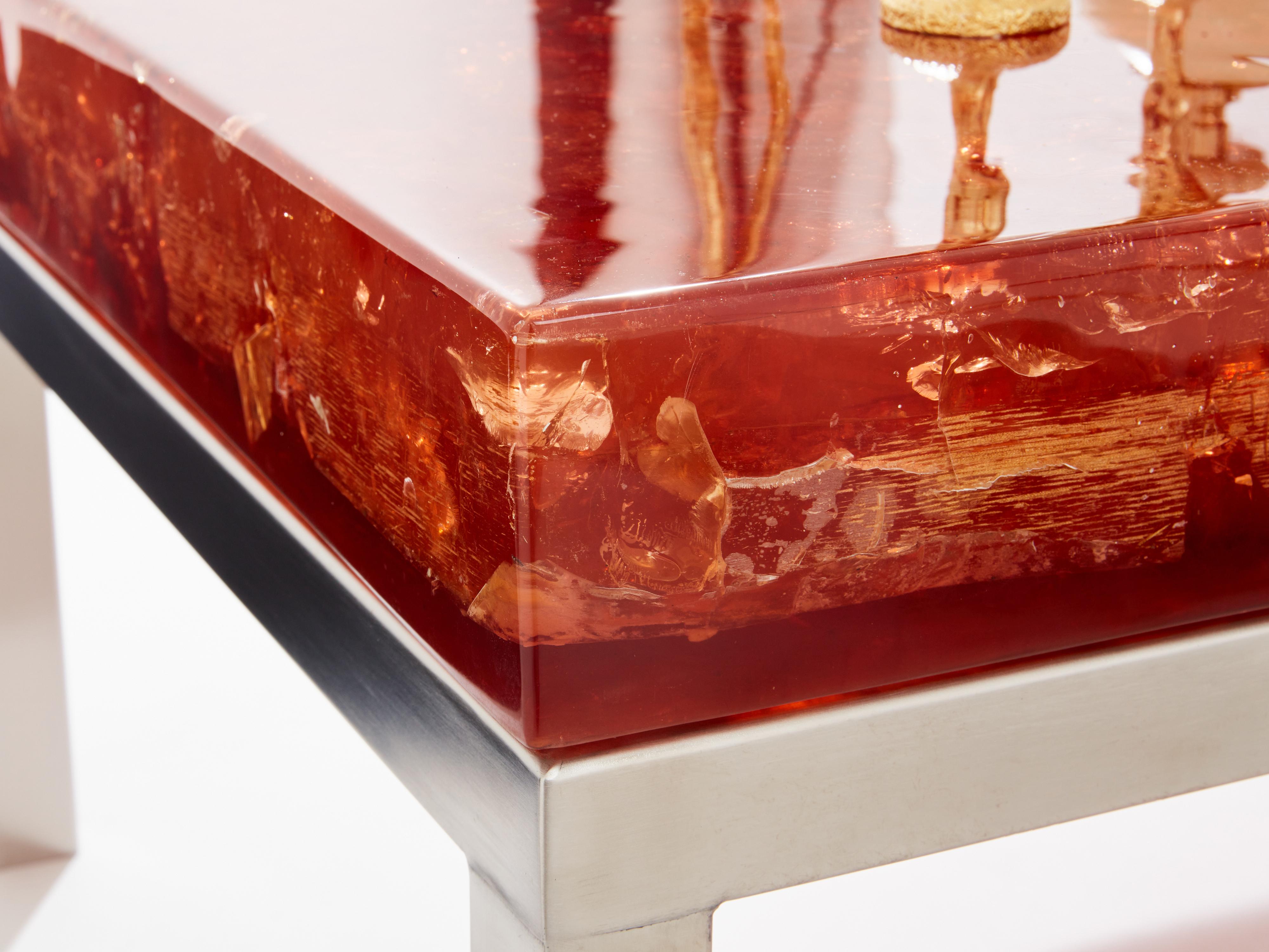 Fin du 20e siècle Marie-Claude De Fouquières table basse en résine fractale orange 1970 en vente