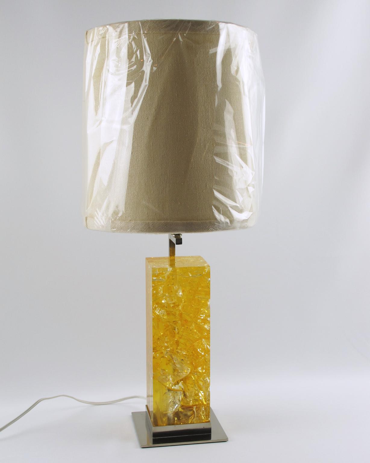 Mid-Century Modern Marie-Claude de Fouquieres lampe de bureau jaune à structure fractale en résine et chrome, années 1970 en vente