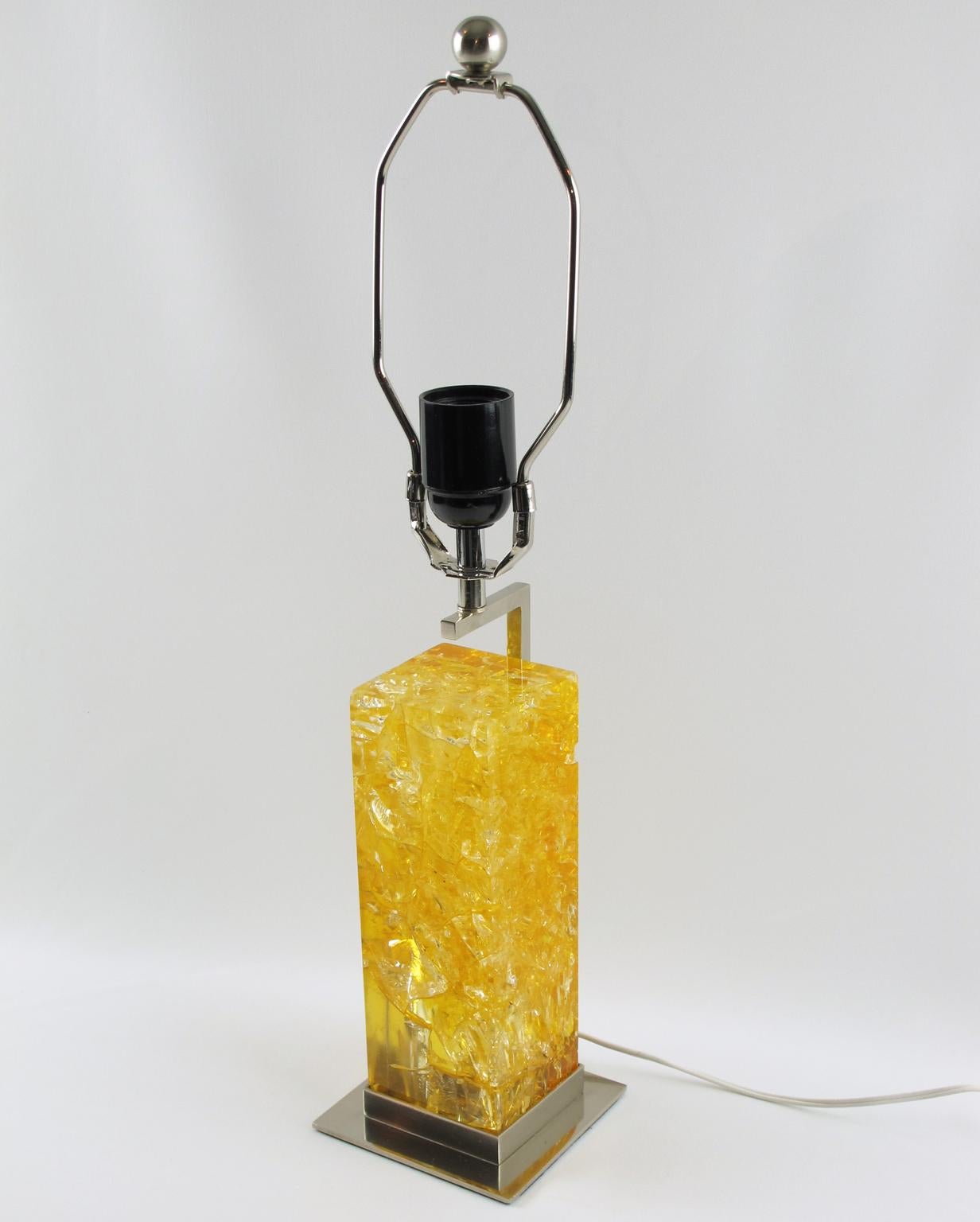 French Marie-Claude de Fouquieres Yellow Fractal Resin and Chrome Table Lamp, 1970s For Sale