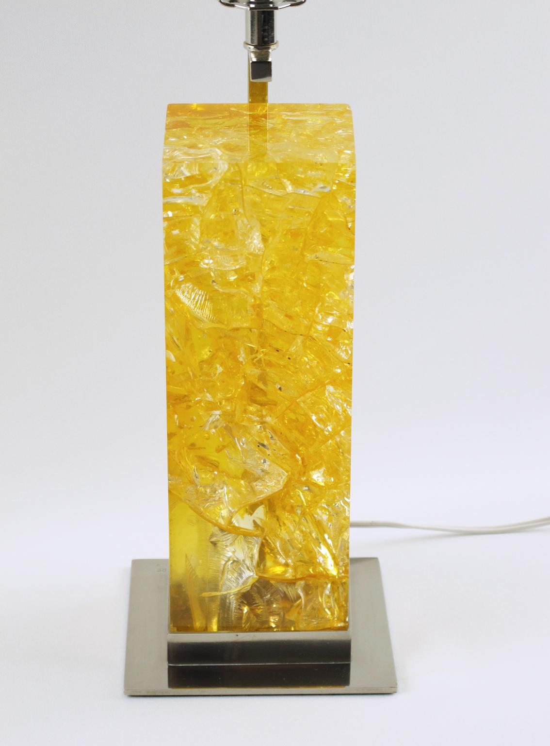 Late 20th Century Marie-Claude de Fouquieres Yellow Fractal Resin and Chrome Table Lamp, 1970s For Sale