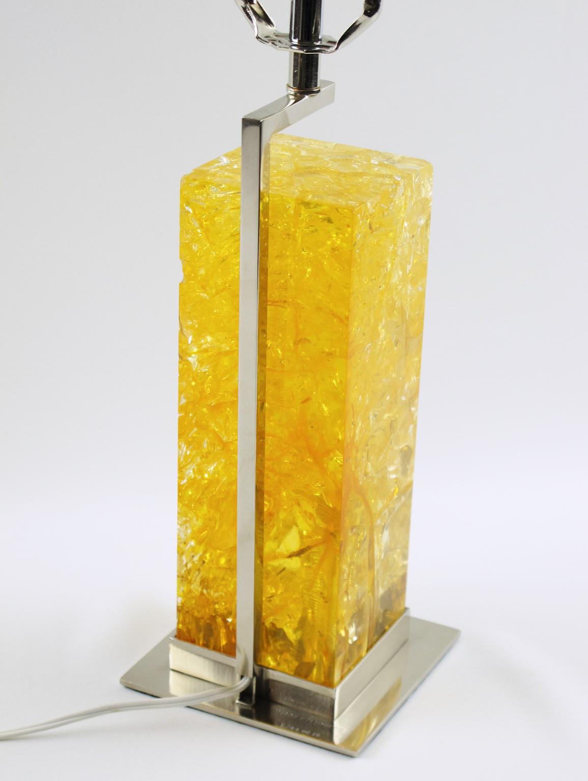 Metal Marie-Claude de Fouquieres Yellow Fractal Resin and Chrome Table Lamp, 1970s For Sale