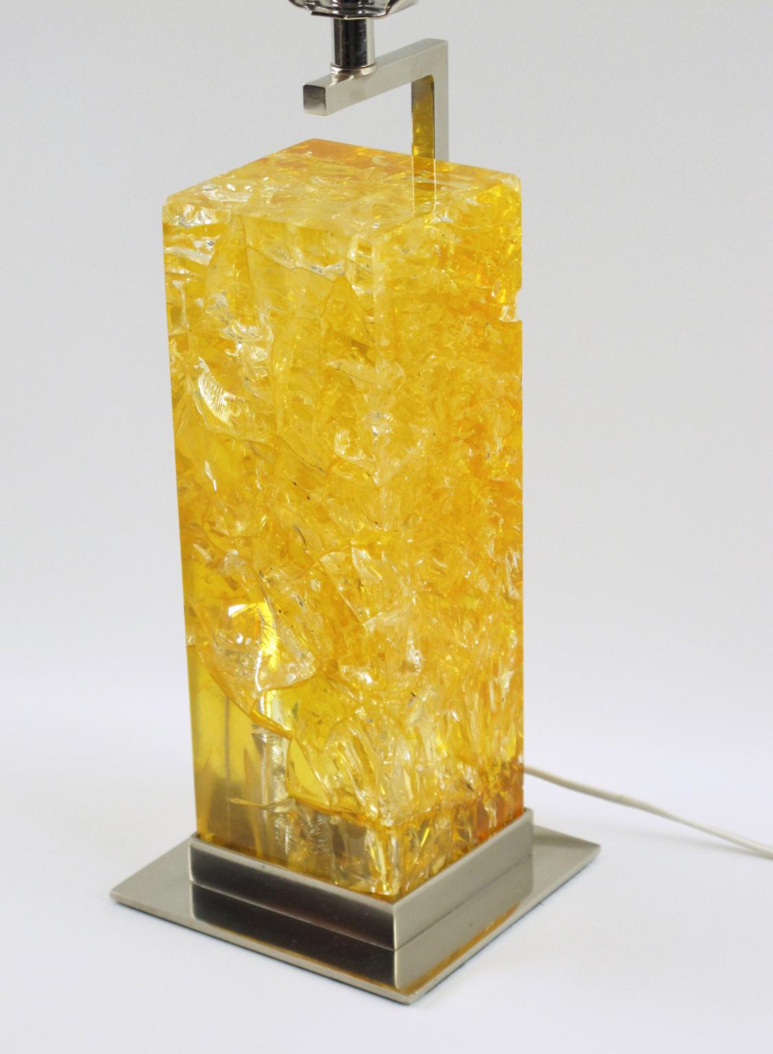 French Marie-Claude de Fouquieres Yellow Fractal Resin and Chrome Table Lamp, 1970s