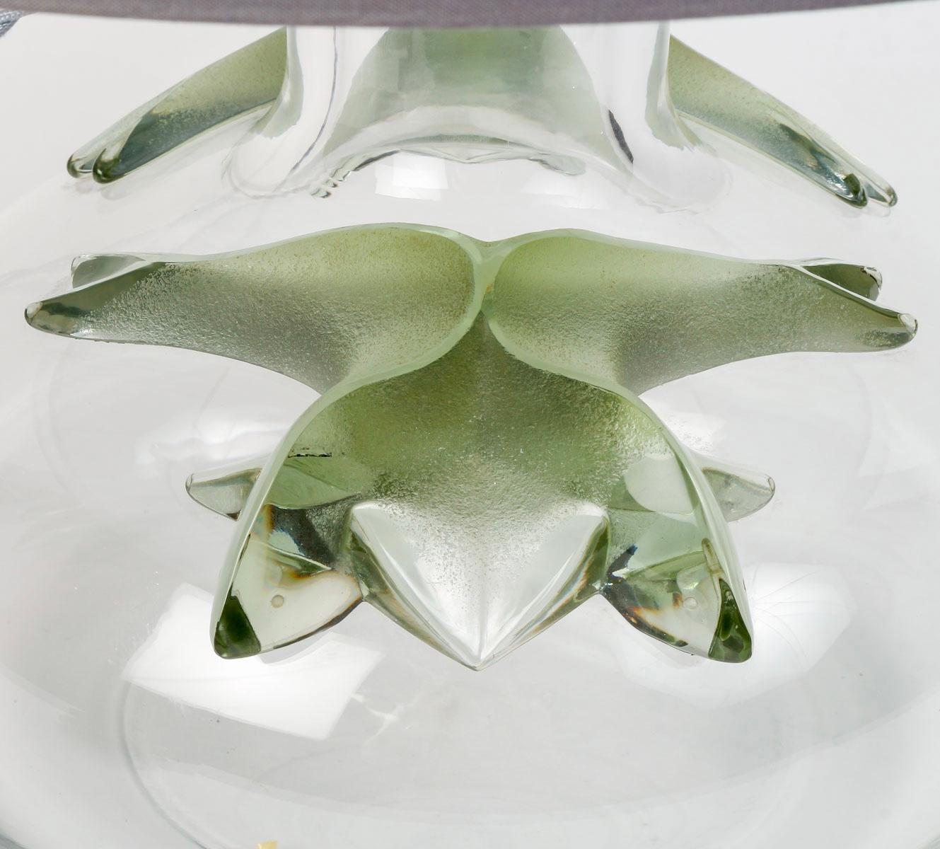 Art déco Marie Claude Lalique - Lampe en cristal transparent et cristal vert appliqué en vente