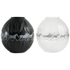 Marie Claude Lalique, Pair of Black and Frosted Glass 'Tanzania' Vases
