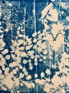 "Abbey Ruin 7", landscape, cyanotype photograph on linen, blue