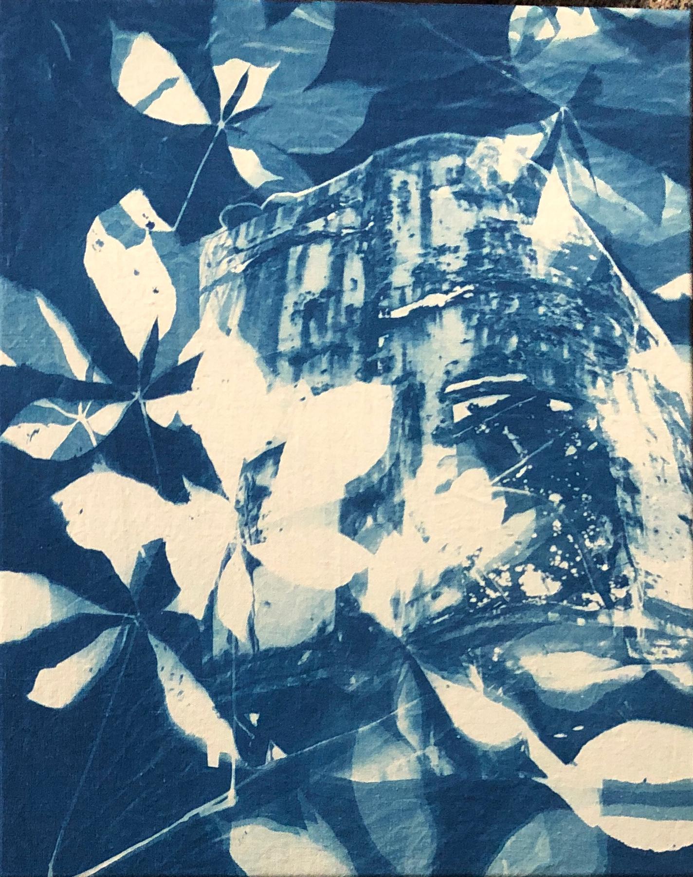Abstract Photograph Marie Craig - "Crane 5", contemporain, industriel, feuilles, bleu, cyanotype, photographie.