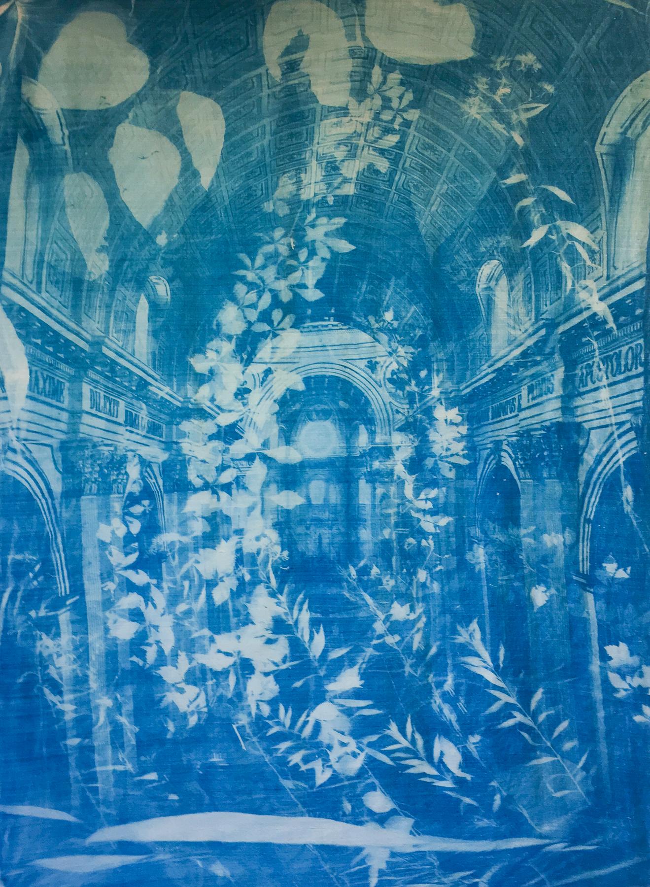 "Dilexit 4", contemporary, leaves, cathedral, blue, cyanotype, photograph