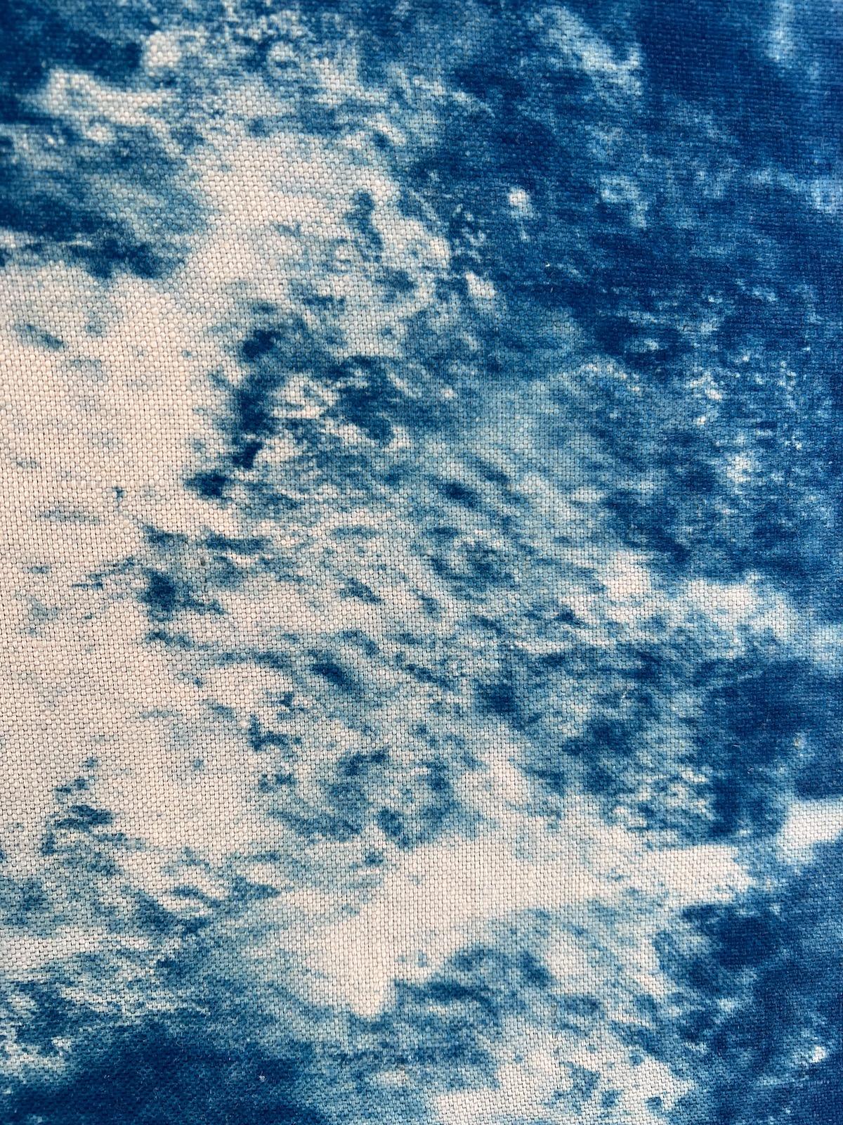 Marie Craig's 'Roiling’ is an original deep blue photograph of ocean waves partially obscured with fern leaves. This piece was created using cyanotype, an early photographic process which uses sunlight to expose specially treated linen, producing a