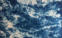 "Roiling", contemporain, paysage, feuilles, océan, bleu, cyanotype, photographie.
