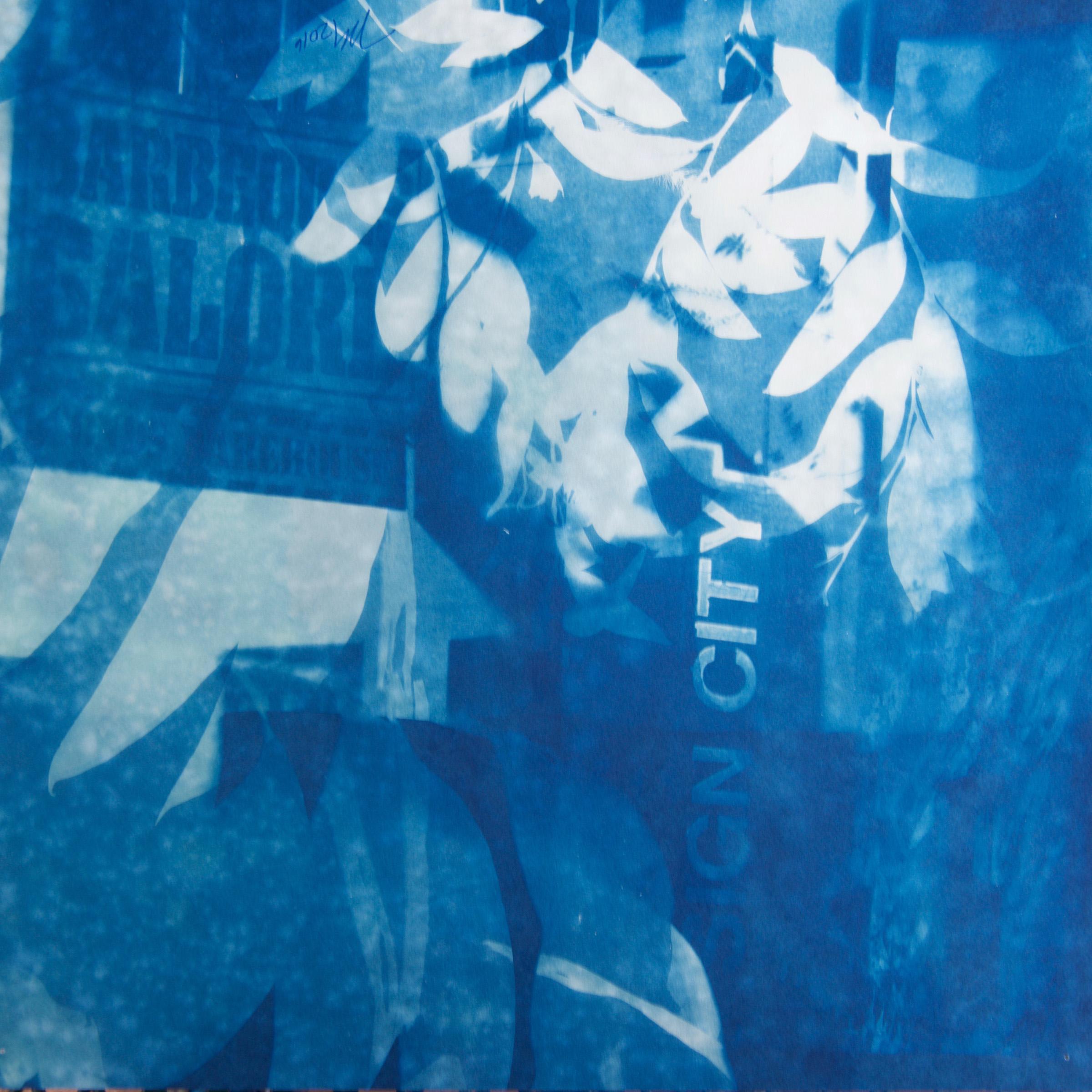 "Sign City Galore", contemporary, leaves, building, blue, cyanotype, photograph - Photograph by Marie Craig
