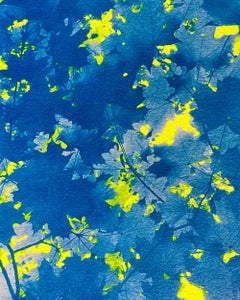 "Sounds of Laughter Shades of Life",  leaves, blue, neon, cyanotype, mixed media