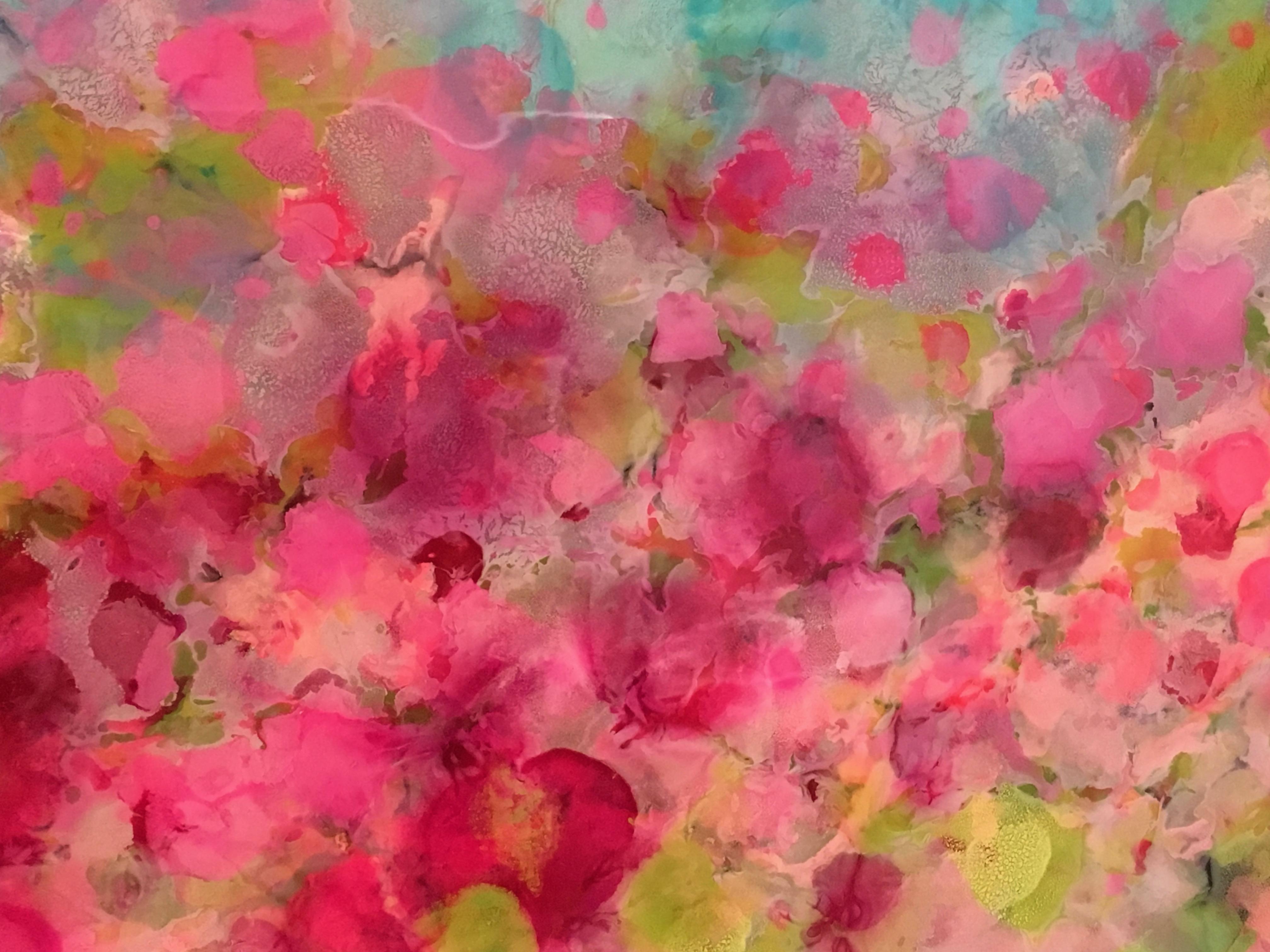 Begur, Colorful, Abstract, Landscape, Blue, Pink, Green, gloss finish, 30 x 40 - Painting by Marie Danielle Leblanc