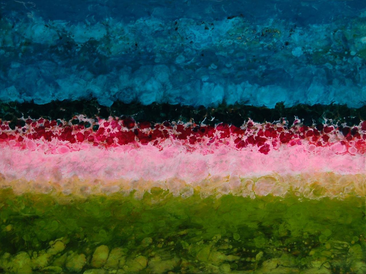Marie Danielle Leblanc Landscape Painting - Begur, Colorful, Abstract, Landscape, Blue, Pink, Green, gloss finish, 30 x 40
