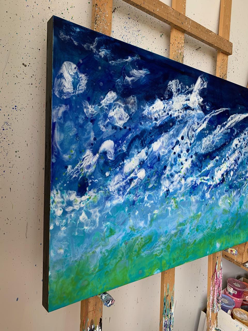Cap Breton, water, encaustic, Ocean Scene, Blue, White, Wood Panel, Waves, Beach - Painting by Marie Danielle Leblanc