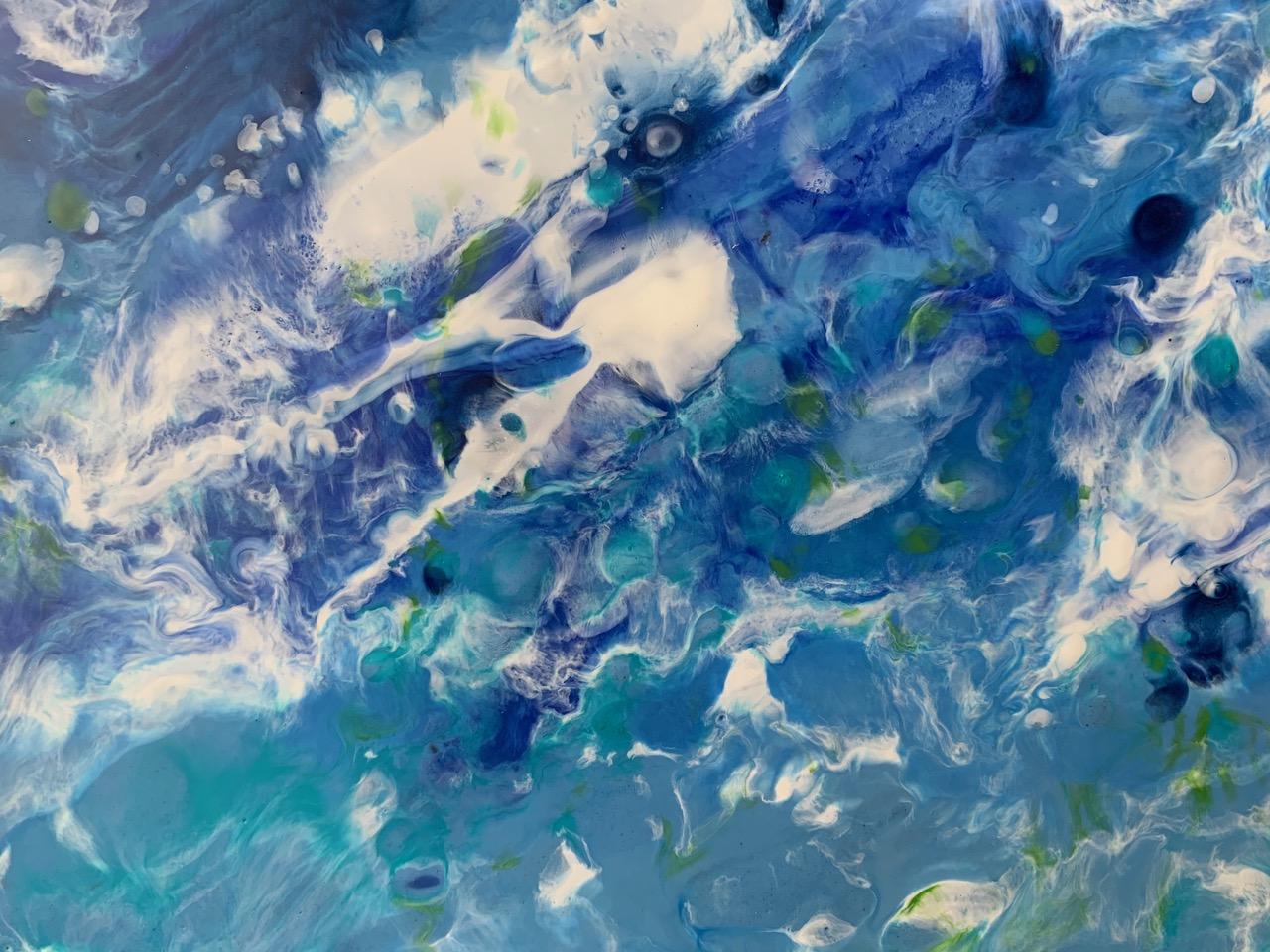 Cap Breton, water, encaustic, Ocean Scene, Blue, White, Wood Panel, Waves, Beach - Contemporary Painting by Marie Danielle Leblanc