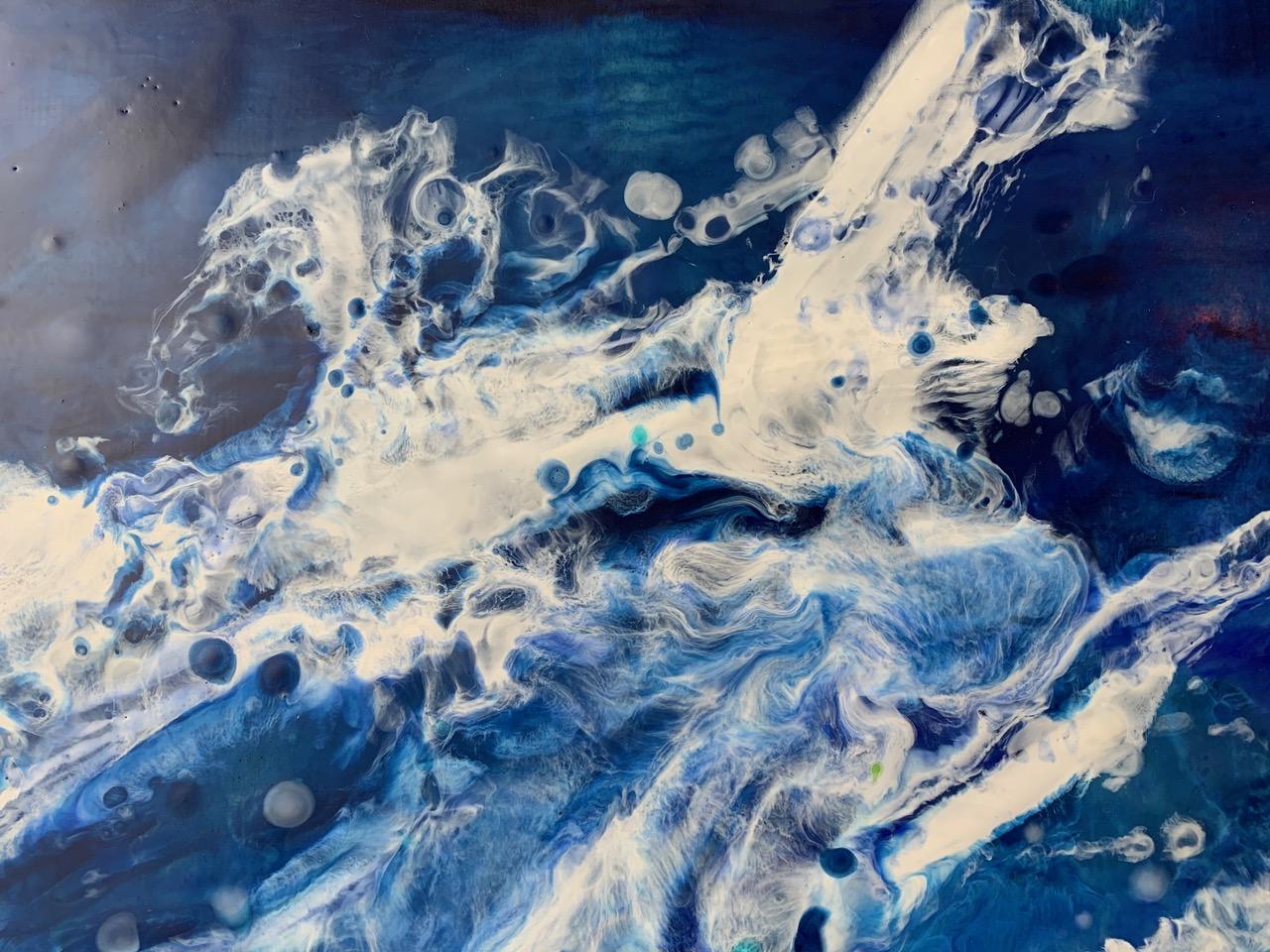 Cap Breton is a flowing water scene by Canadian artist, Marie Danielle Leblanc.  It is mixed media painting with encaustic and pigments .  She creates her art using her fingers to push and move the paint and pigments.  It is 30 inches by 60 inches