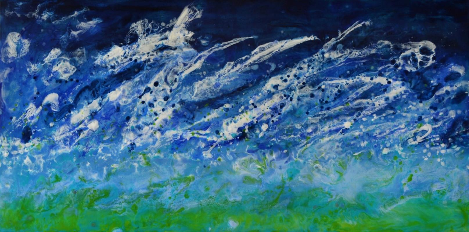 Marie Danielle Leblanc Landscape Painting - Cap Breton, water, encaustic, Ocean Scene, Blue, White, Wood Panel, Waves, Beach
