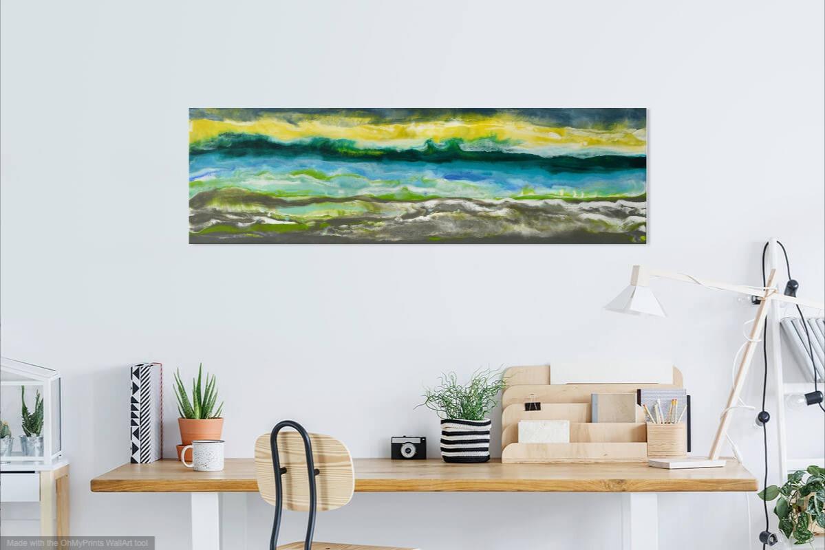 Cayo Romano is a brightly colored abstracted landscape, encaustic painting on wood panel.  It is 18x60.  It is filled with Yellow, Blue, Green, Gray and white.   The sides are painted with a black paint.  Most clients never frame her artwork as it