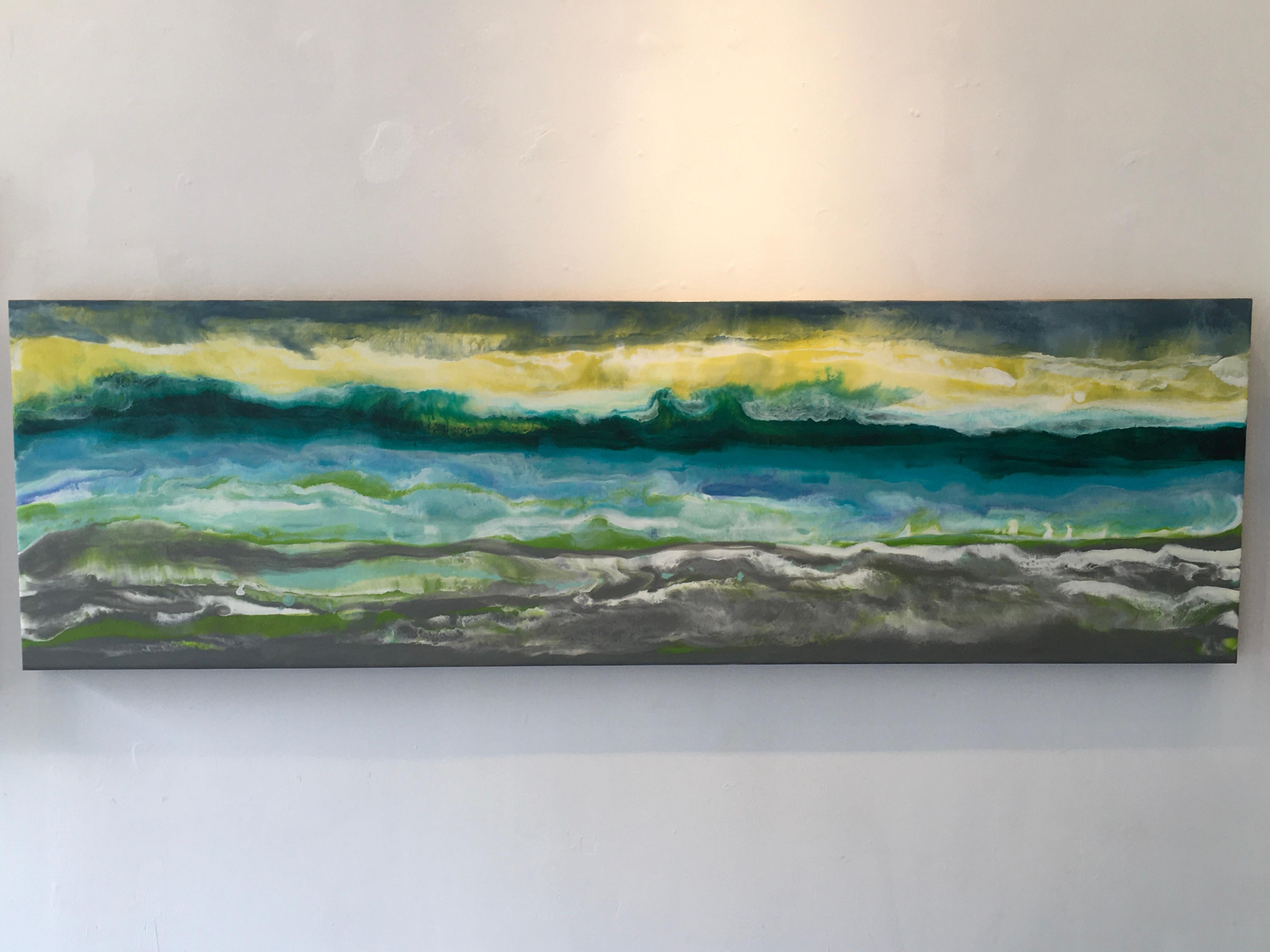 Paysage abstrait, jaune, vert, bleu, à l'encaustique, horizontal Cayo Romano - Painting de Marie Danielle Leblanc