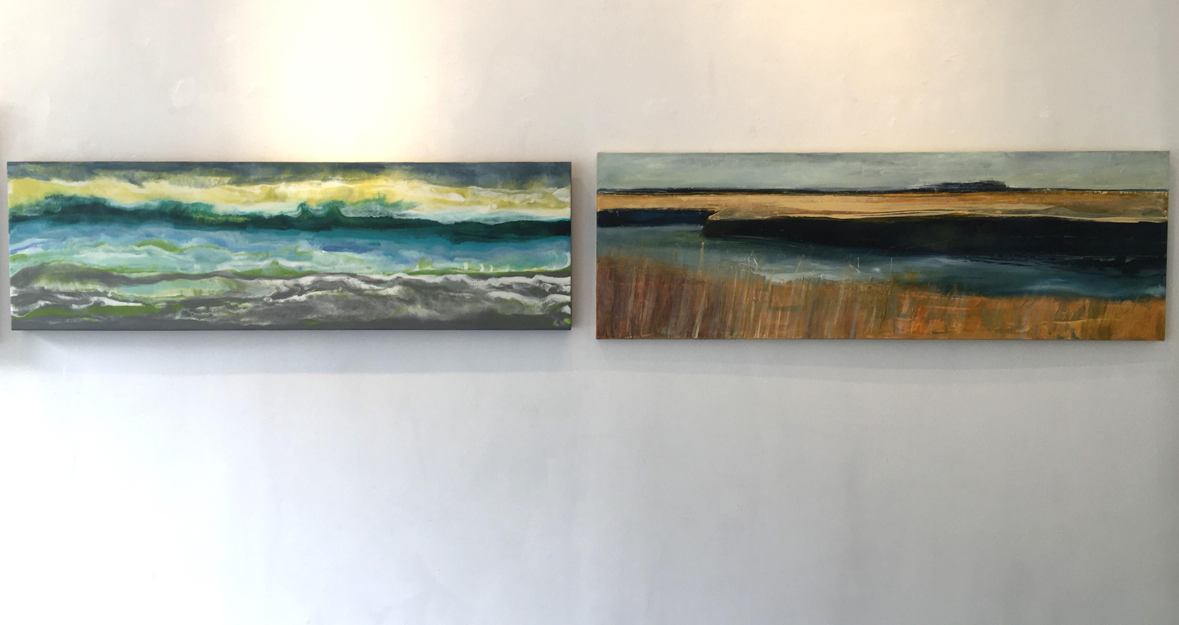Cayo Romano, Astratto, Paesaggio, Giallo, Verde, Blu, Encausto, Orizzontale - Painting Contemporaneo di Marie Danielle Leblanc