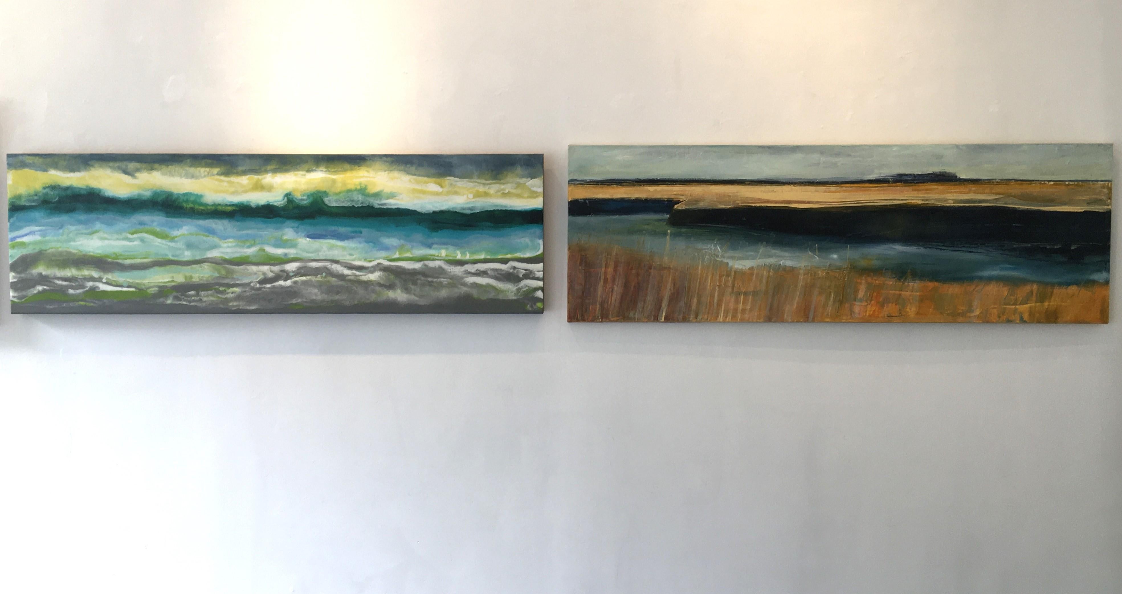 Paysage abstrait, jaune, vert, bleu, à l'encaustique, horizontal Cayo Romano - Contemporain Painting par Marie Danielle Leblanc