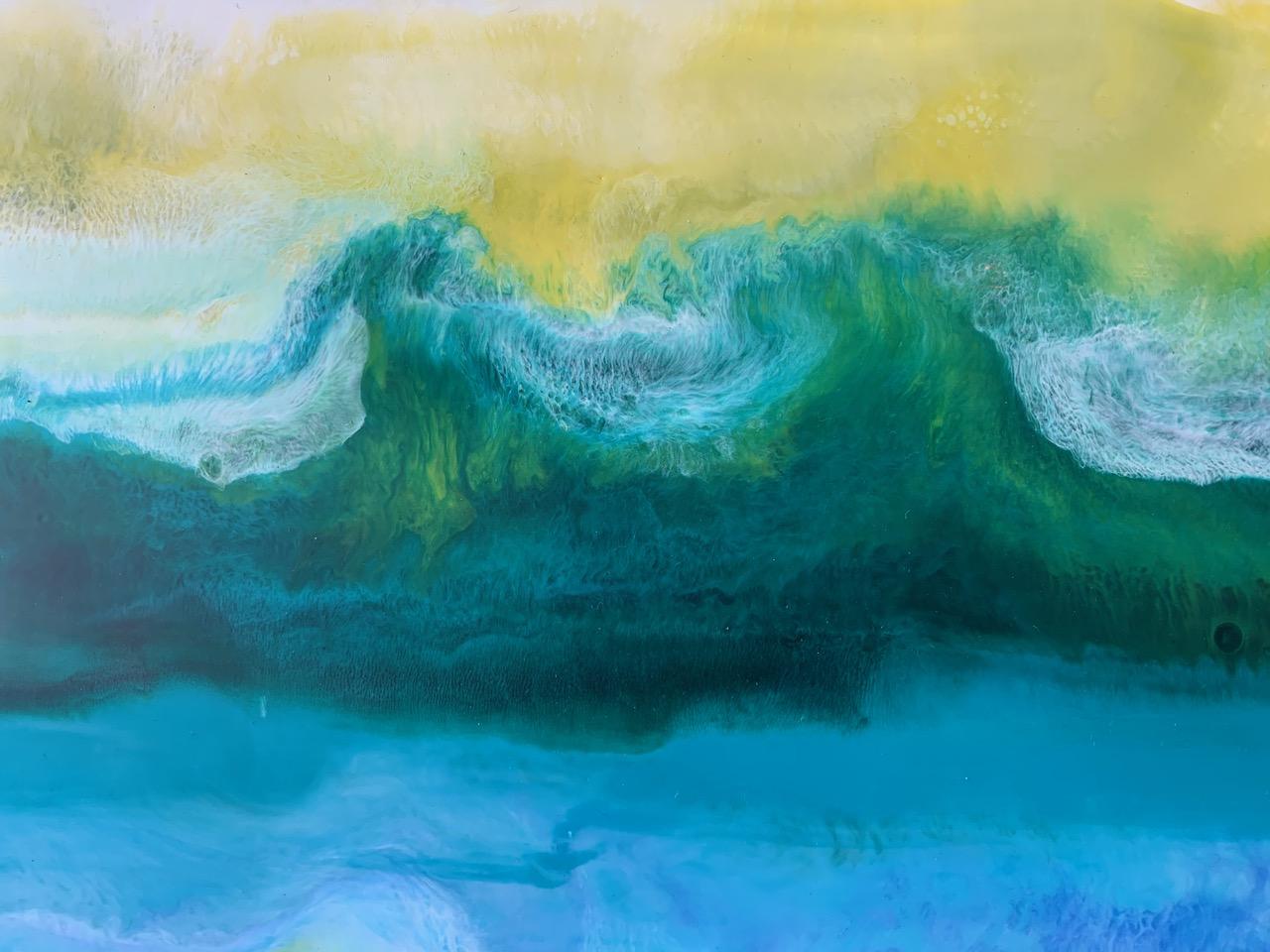 Cayo Romano, Abstract, Landscape, Yellow, Green, Blue, Encaustic, Horizontal - Black Landscape Painting by Marie Danielle Leblanc