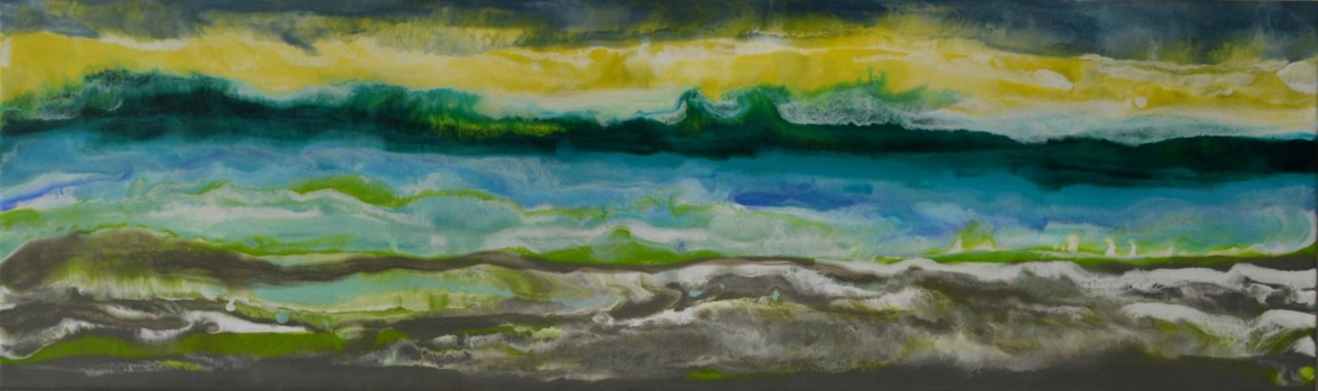 Cayo Romano, Abstract, Landscape, Yellow, Green, Blue, Encaustic, Horizontal
