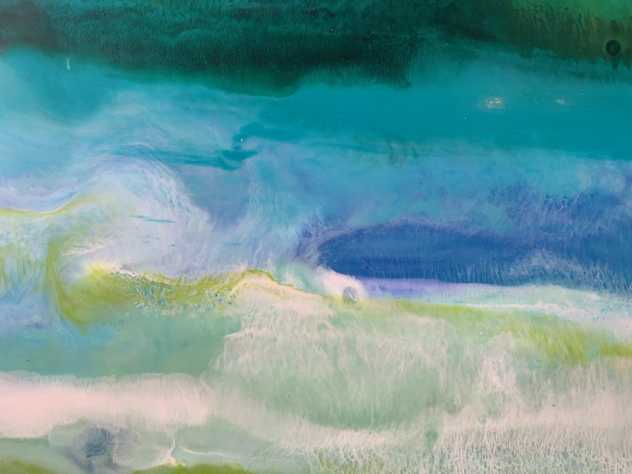 Cayo Romano, Abstrakt, Wasserlandschaft, Gelb, Grün, Blau, Enkaustik, Horizontal im Angebot 1