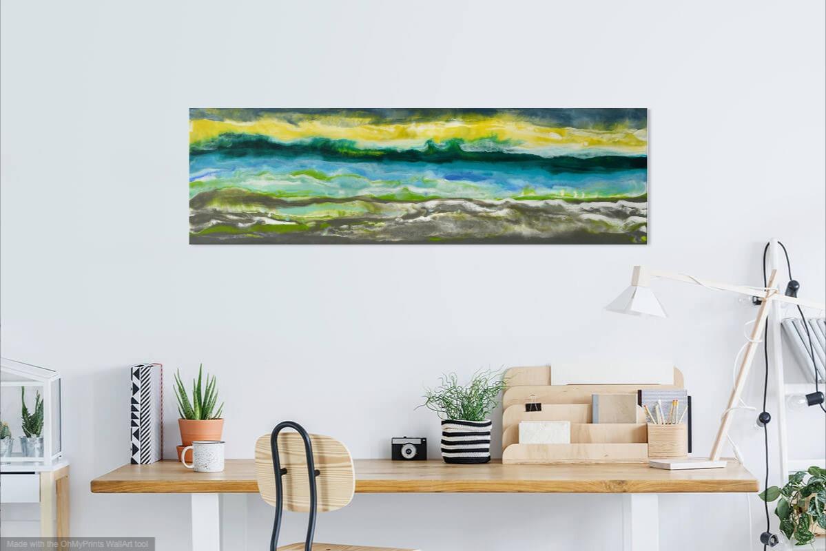 Cayo Romano, Abstrakt, Wasserlandschaft, Gelb, Grün, Blau, Enkaustik, Horizontal im Angebot 3