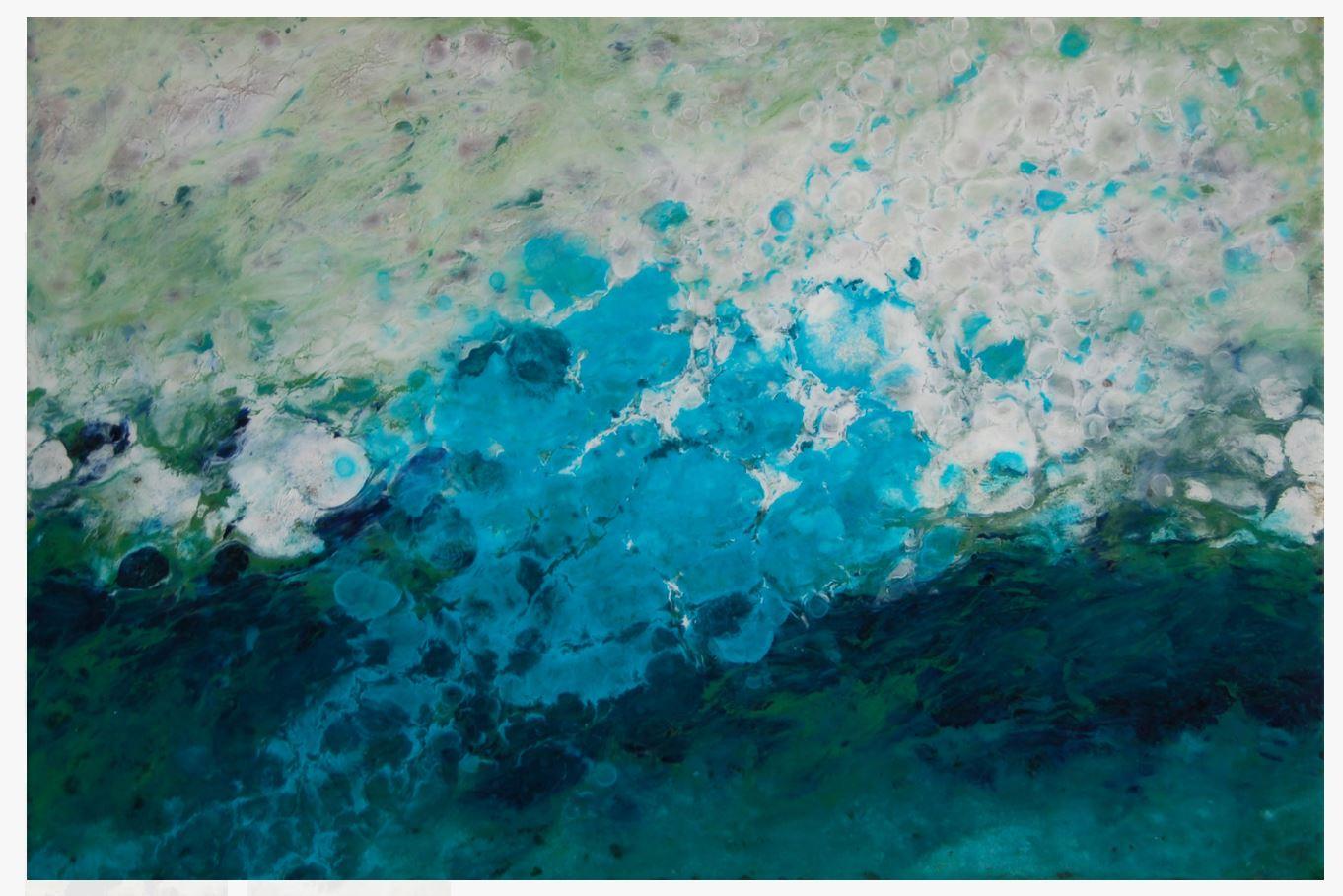 El Prat, Wasser, farbenfrohe, abstrakte Landschaft, Lack, Mischtechnik, Blau, Weiß 