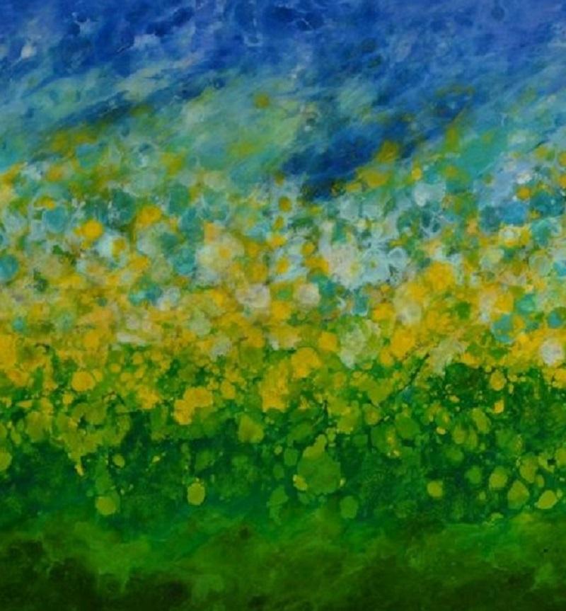 Gilli Air Island, abstract landscape, blue, green, yellow, hi-gloss finish 30x60 (Grün), Landscape Painting, von Marie Danielle Leblanc