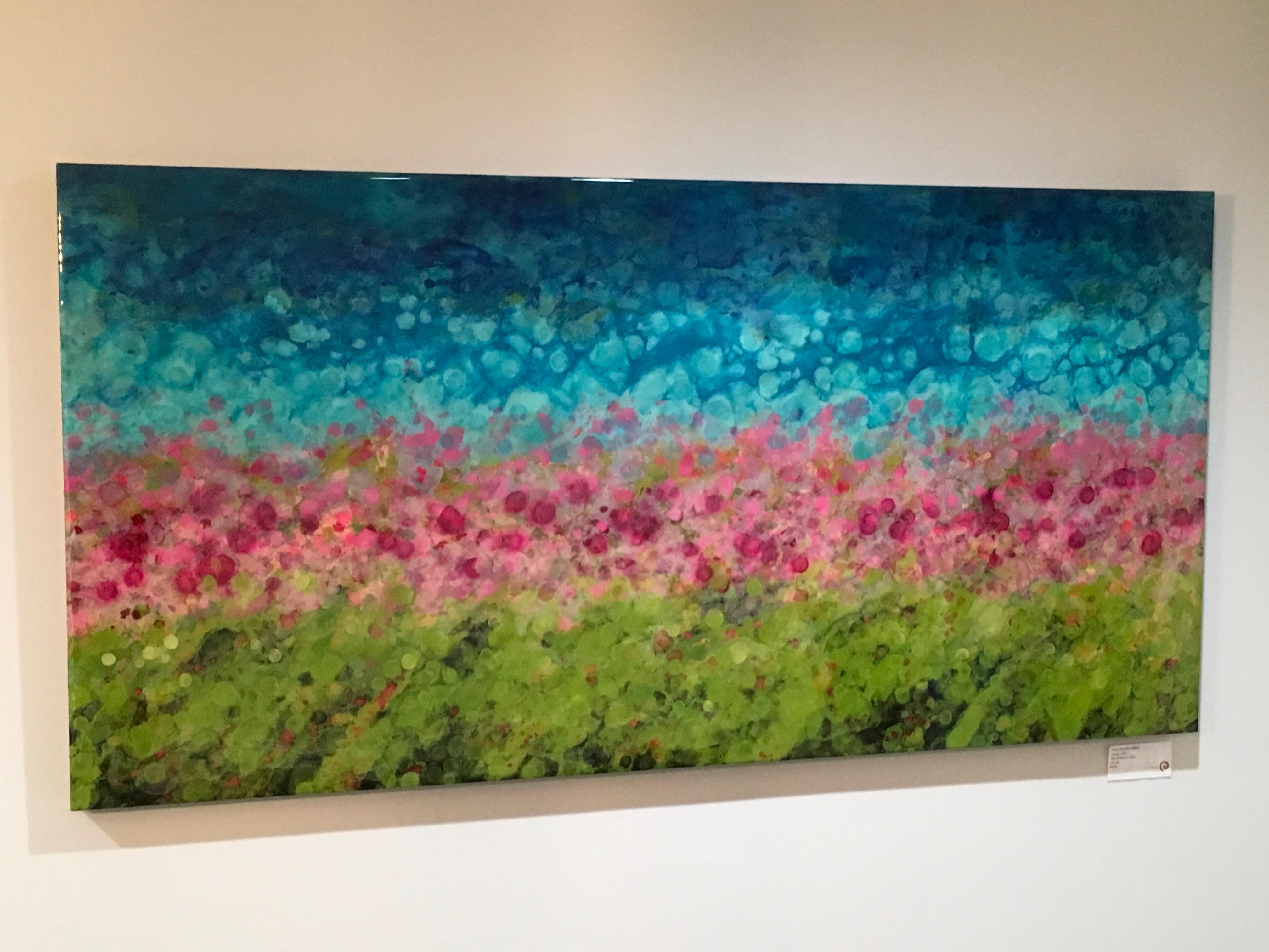 Hyangjia, Colorful Abstract Landscape, Blue, Pink, Green, hi-gloss finish, 30x60 - Painting by Marie Danielle Leblanc