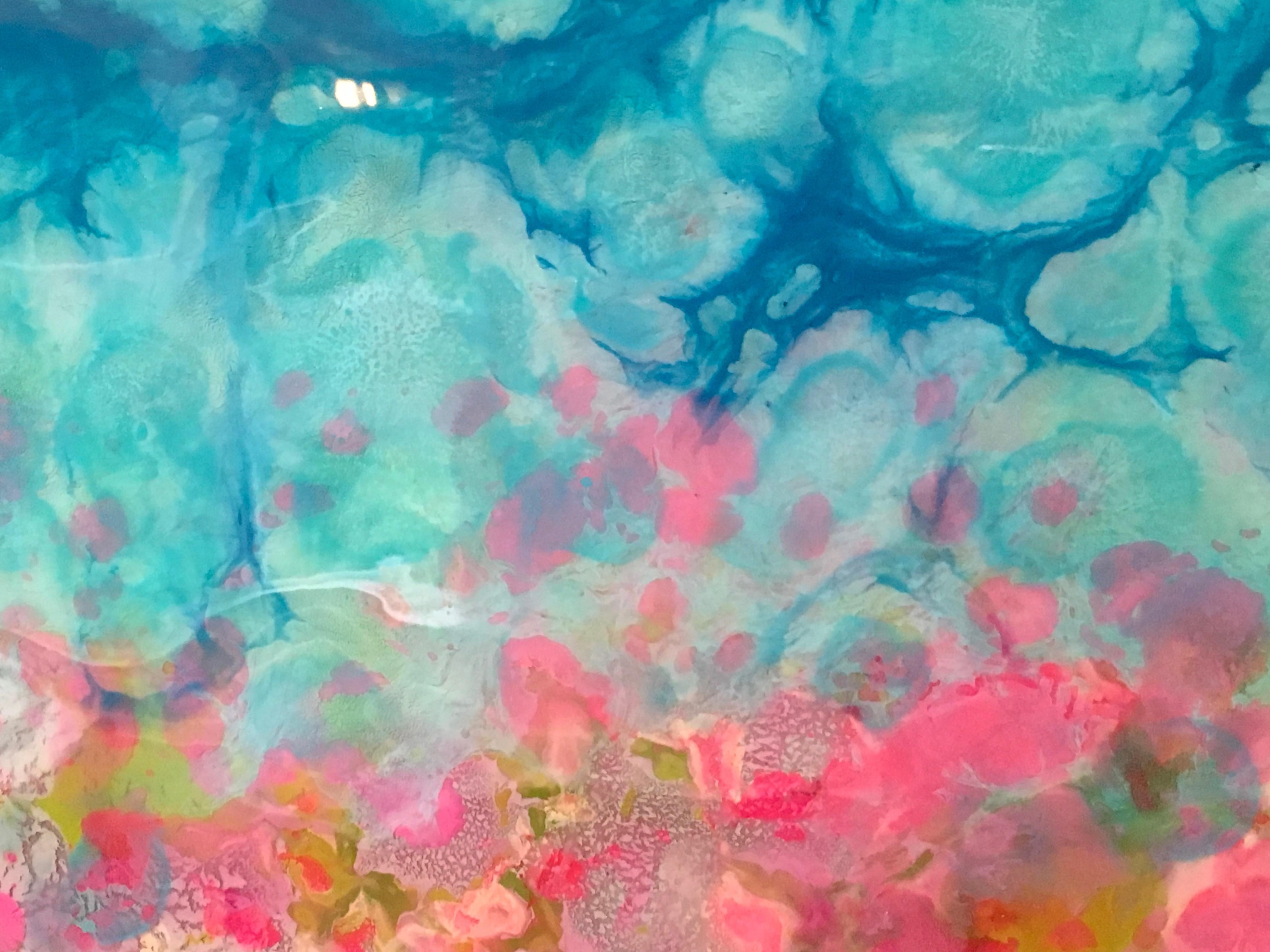 Hyangjia, Colorful Abstract Landscape, Blue, Pink, Green, hi-gloss finish, 30x60 - Contemporary Painting by Marie Danielle Leblanc