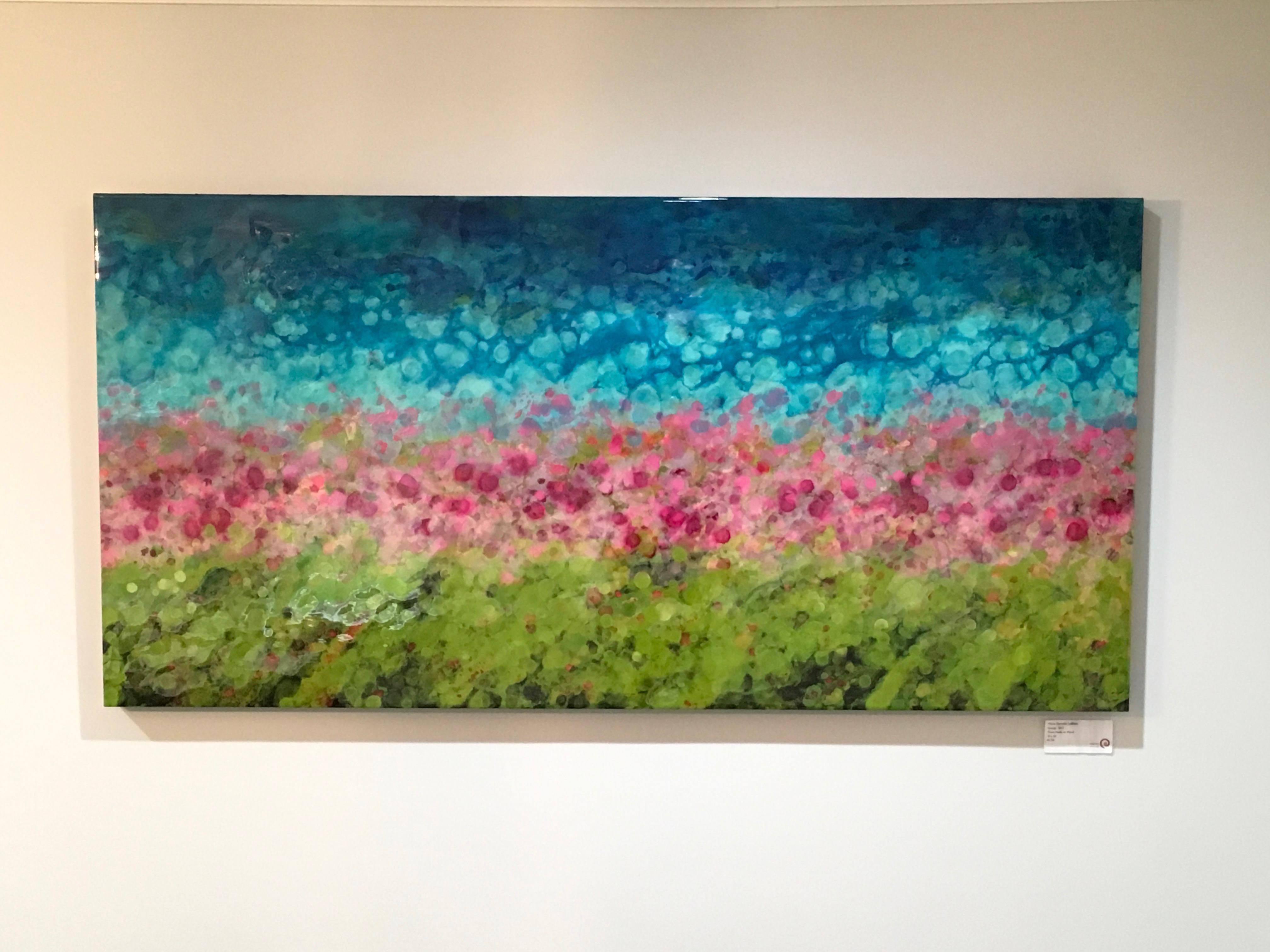 Marie Danielle Leblanc Landscape Painting - Hyangjia, Colorful Abstract Landscape, Blue, Pink, Green, hi-gloss finish, 30x60