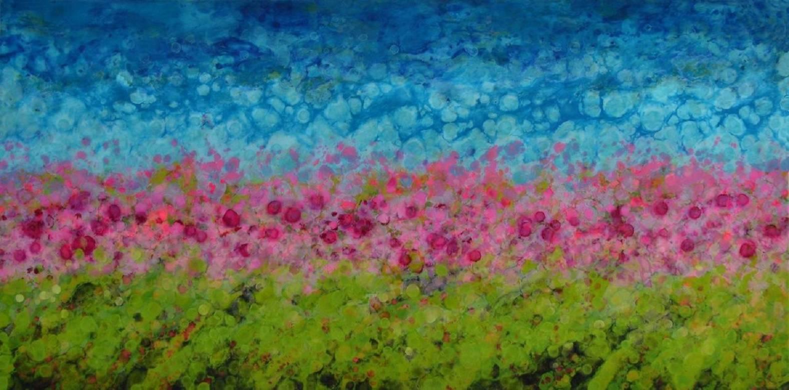 Hyangjia is a brightly colored abstracted landscape based on the artists travels to Nepal.  It is mixed media on wood panel with a high gloss finish.  It is 30x60.

Canadian artist, Marie Danielle Leblanc, was born in Trois-Rivières (Quebec) and has