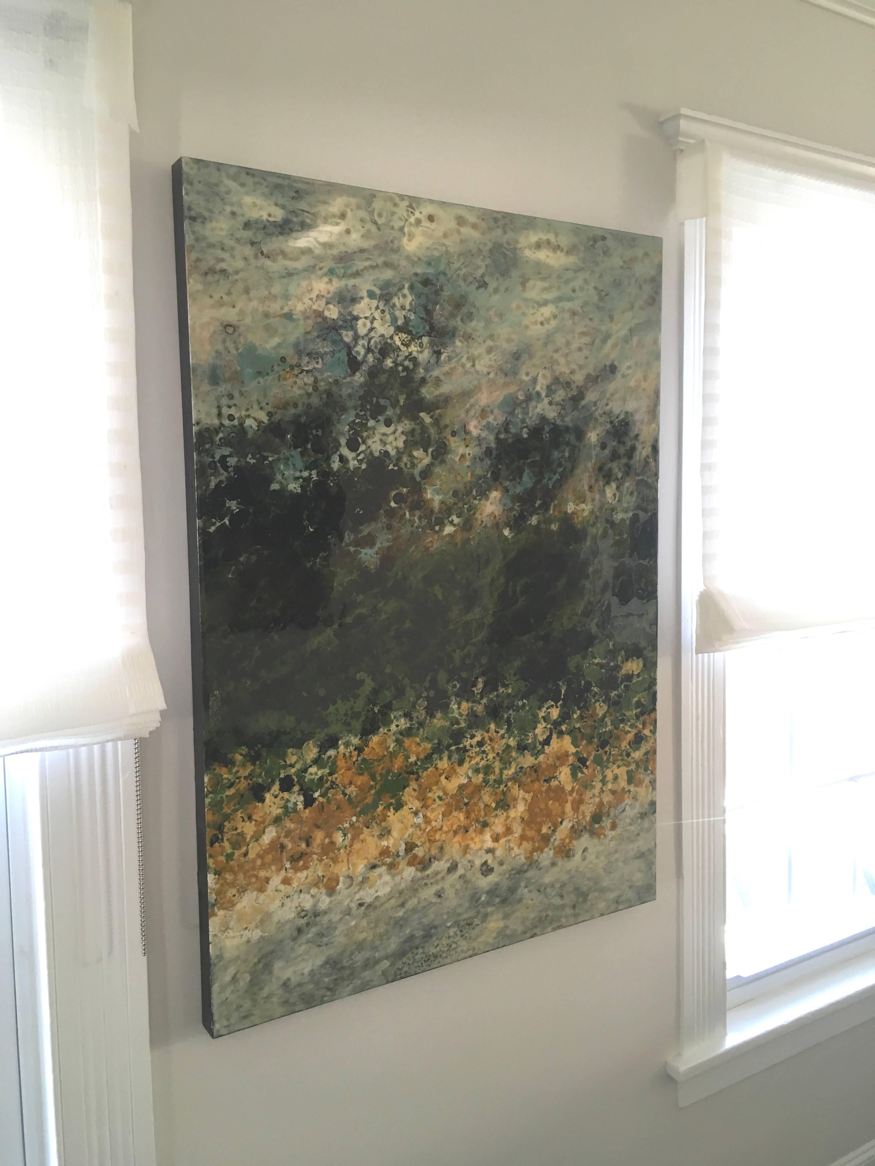 Esche Perot, vertikale abstrakte Landschaft, Grün, Gelb, Weiß, Hochglanz (Zeitgenössisch), Painting, von Marie Danielle Leblanc
