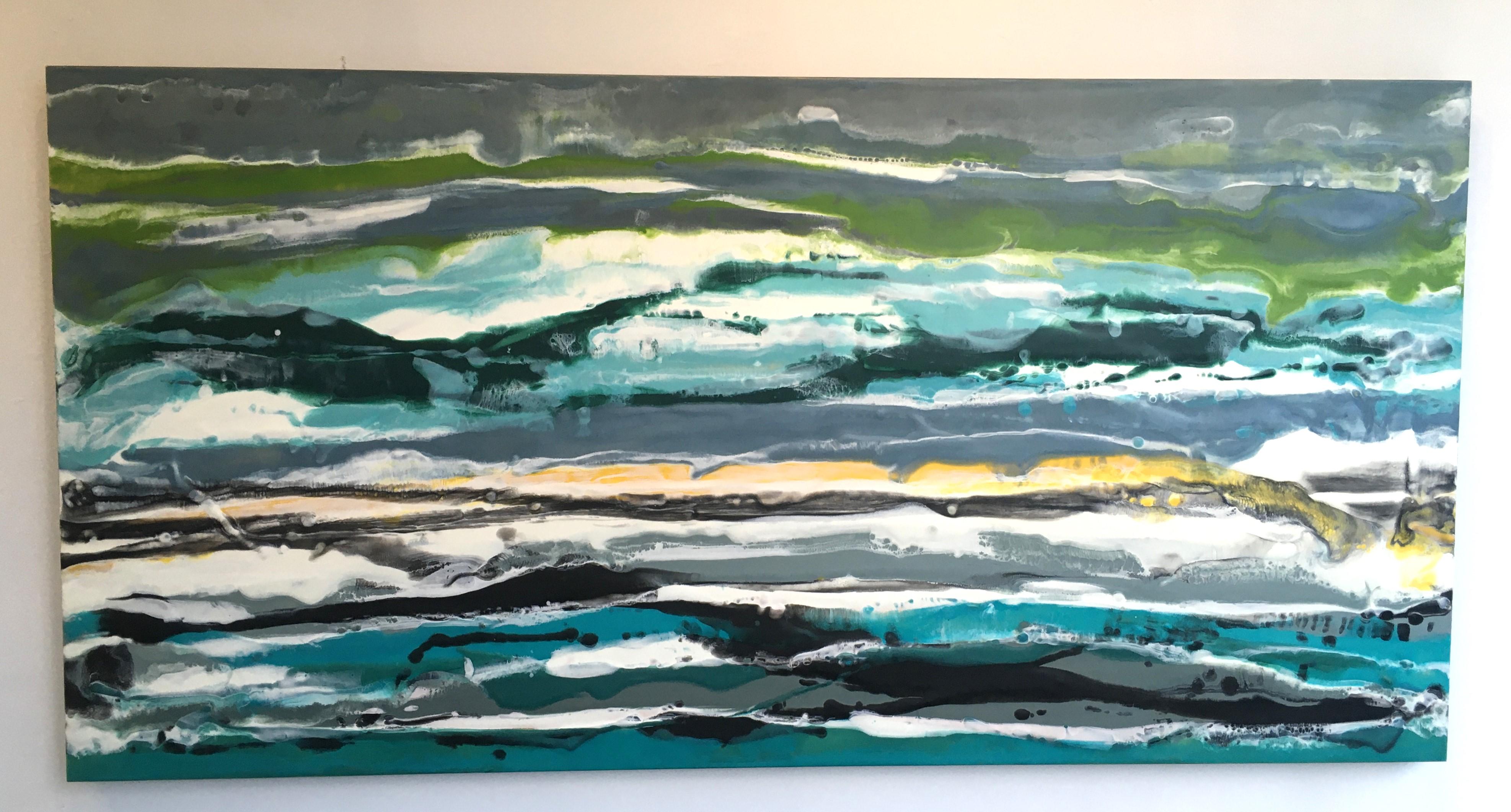 Lac Como, Abstract, Landscape, Yellow, Green, Blue, Encaustic, Horizontal - Painting by Marie Danielle Leblanc
