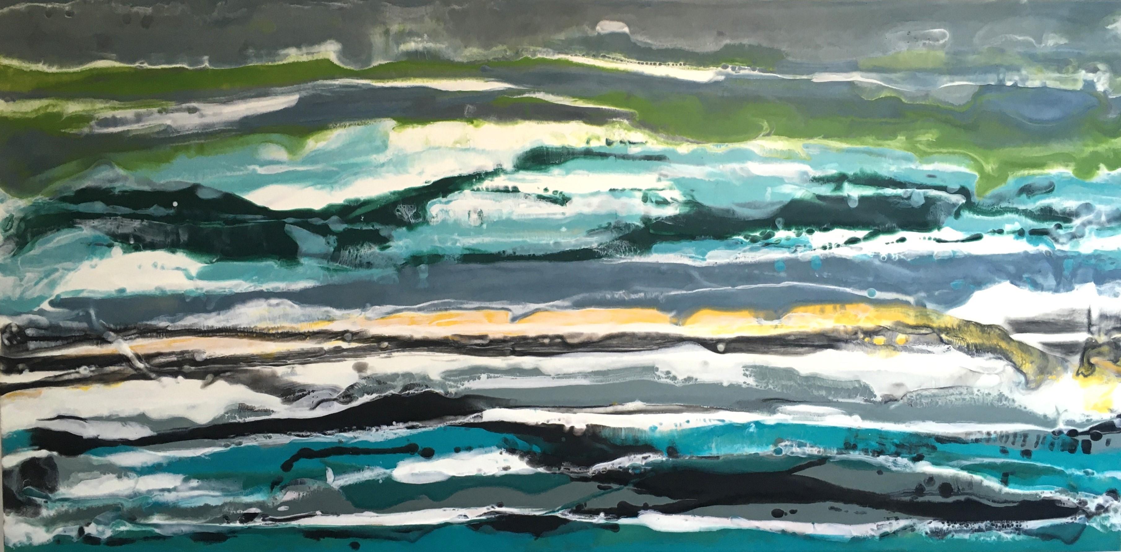 Marie Danielle Leblanc Abstract Painting - Lac Como, Abstract, Landscape, Yellow, Green, Blue, Encaustic, Horizontal