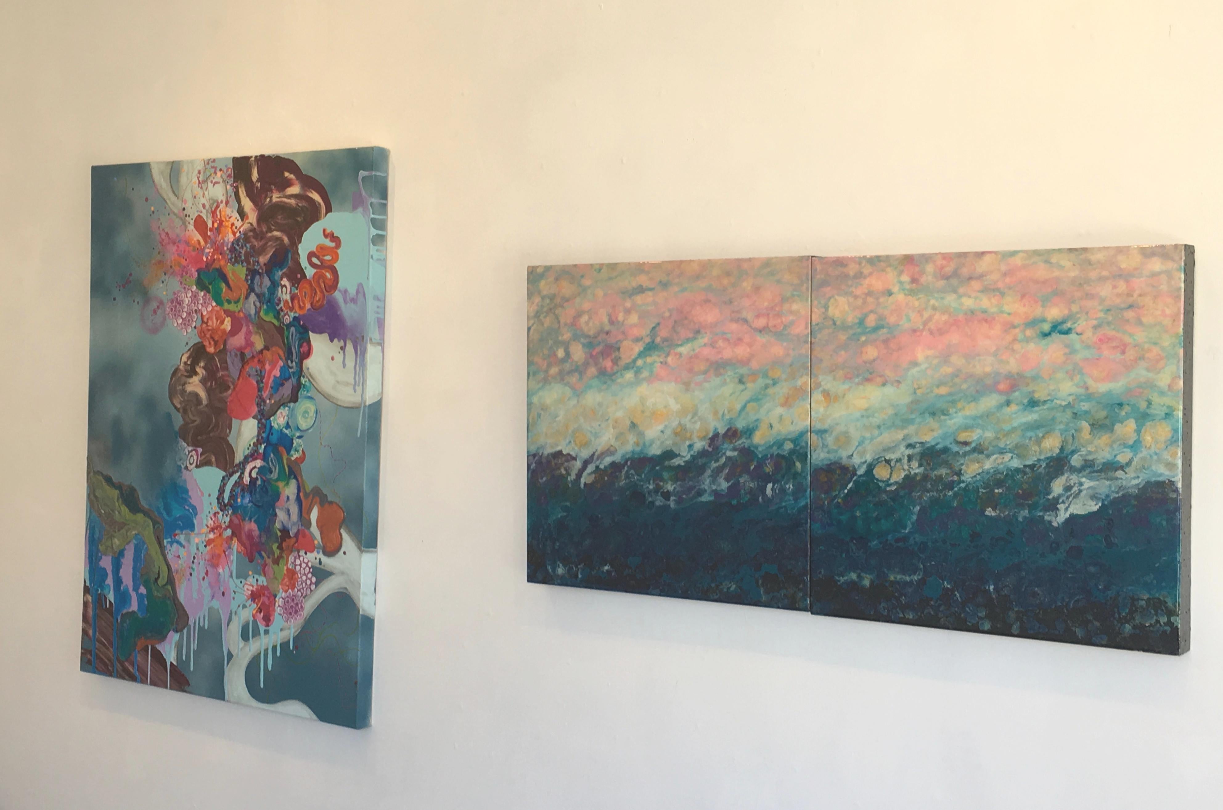 Lac Trouser, Blue, Abstract, Landscape, painting, Mixed Media, diptych, Pink - Painting by Marie Danielle Leblanc