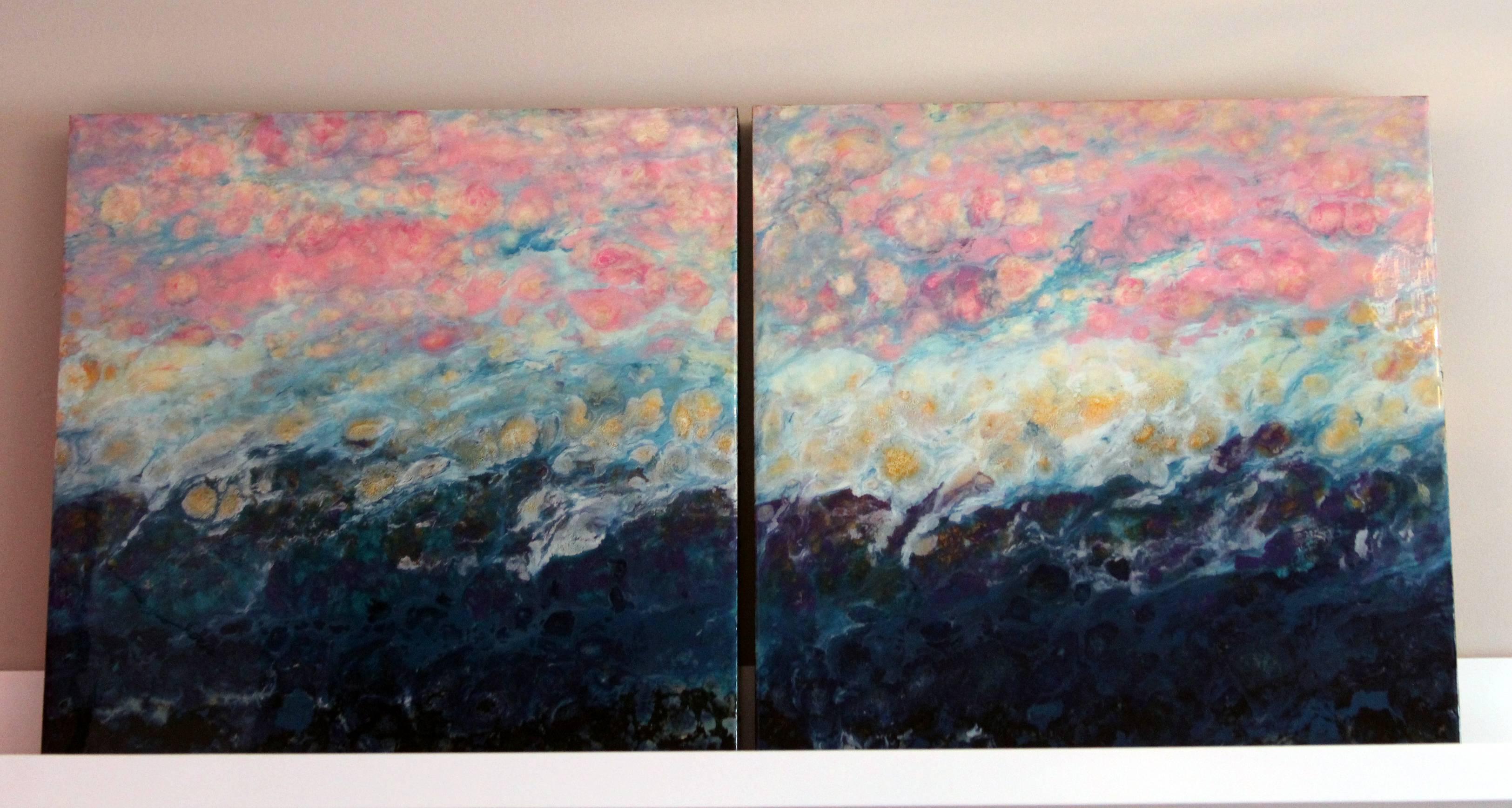Lac Trouser ist ein buntes Gemälde in Mischtechnik.  Es ist ein Öl- und Pigmentgemälde auf Holzplatte mit einer hochglänzenden Oberfläche.  Dieses Diptychon ist 20x40.  Sie ist voll von schönen Rosatönen, Weiß und Blau.

Die kanadische Künstlerin