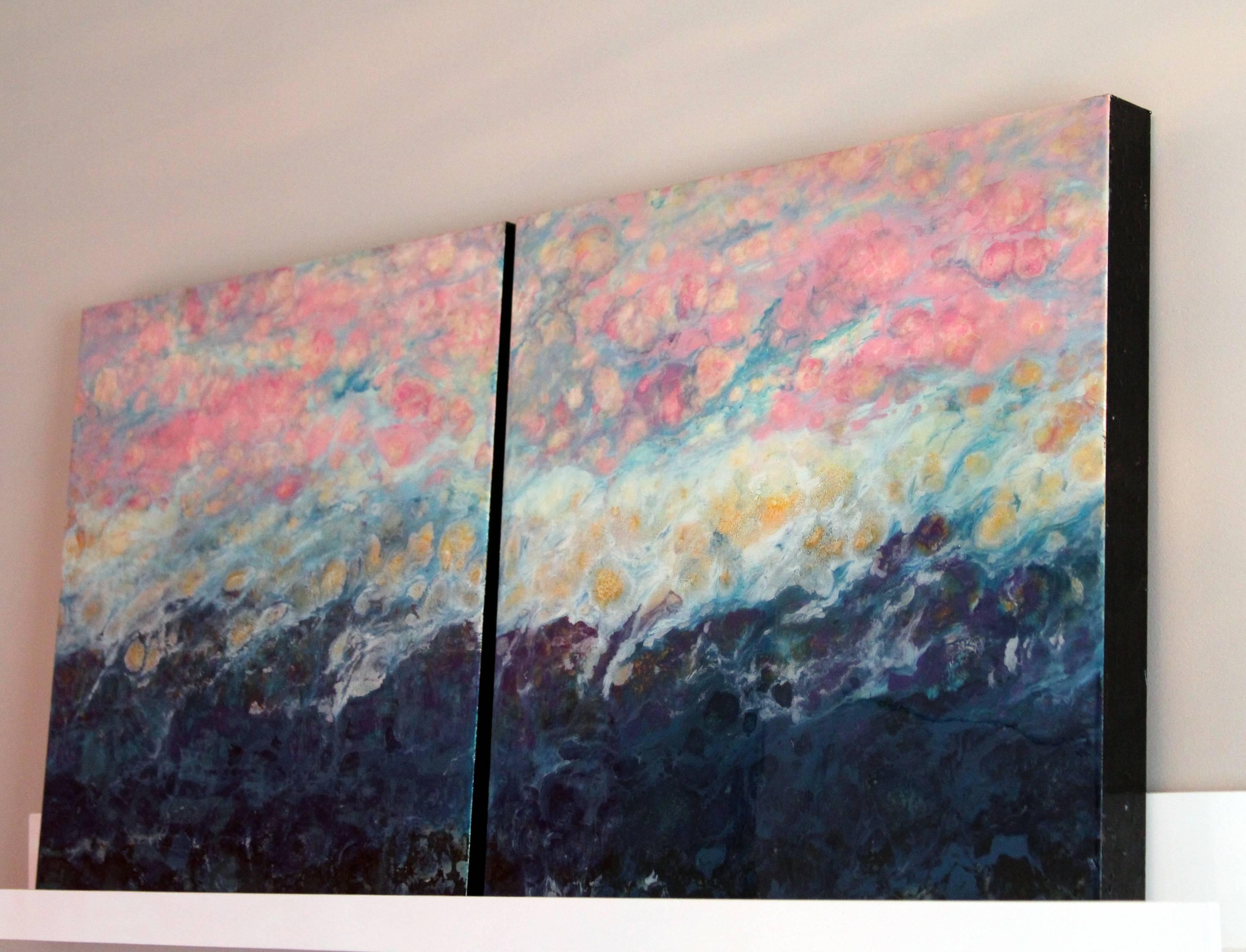 Lac Trouser, Blue, Abstract, Landscape, painting, Mixed Media, diptych, Pink For Sale 2