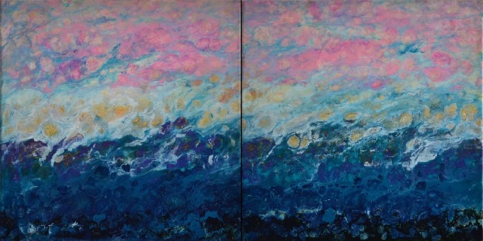 Abstract Painting Marie Danielle Leblanc - Pantalon laqué bleu, abstrait, paysage, peinture, techniques mixtes, diptyque, rose