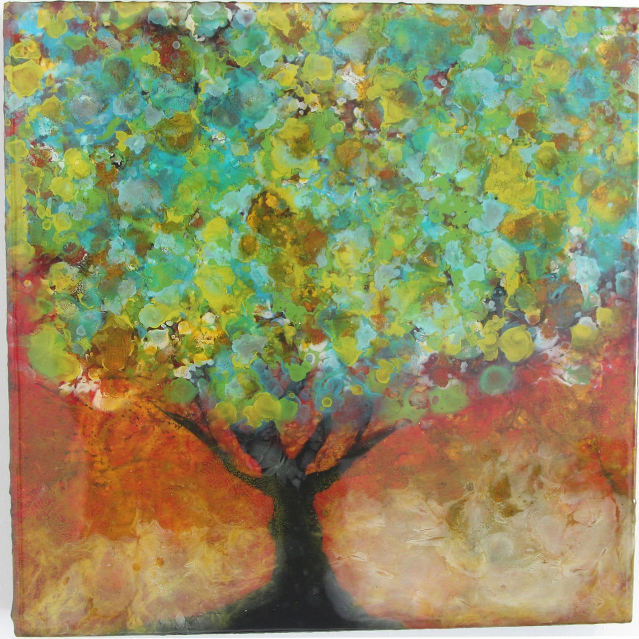 Organya, Mixed Media, Tree, Green, Yellow, Brown, Nature, Blooming, Small, Spain - Painting by Marie Danielle Leblanc